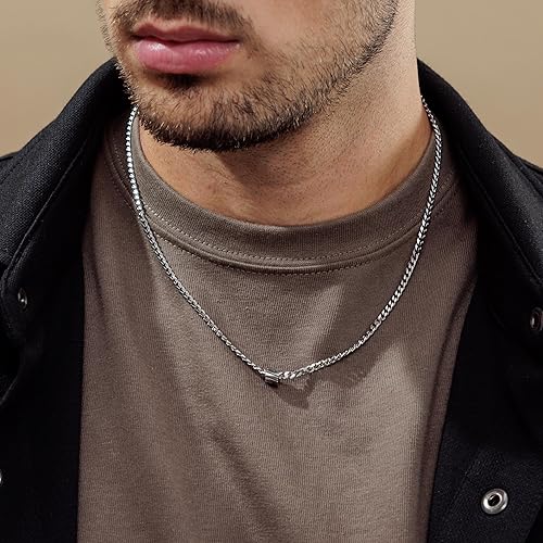 Miniatura 2 de Galis Classic Chains For Men - Cuban Link Chain for Men with Small Bead Pendant, Diamond-Cut Stainless Steel and Waterproof Silver Plated Men's
