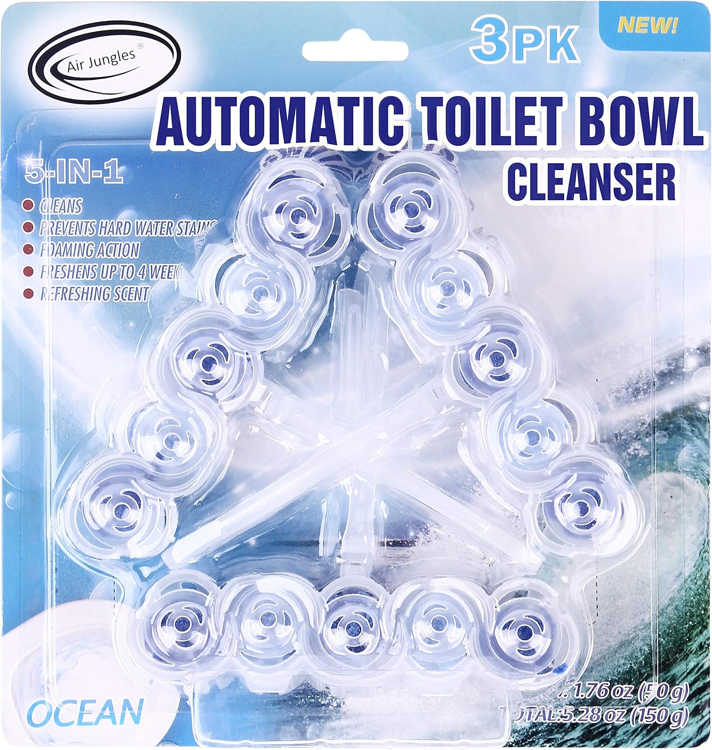 Air Jungles 5-in-1 Automatic Toilet Rim Hanger Clear, Ocean Scent, Quick Foaming Hanging Toilet Cleanser, Odor Eliminator, Each Clip Refreshing Up to 4 Weeks