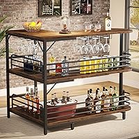 Tribesigns L-Shaped Industrial Home Bar Cabinet, 3-Tier Liquor Table with Wine Glass Holder, Rustic Brown Corner Bar Unit for Kitchen Pub