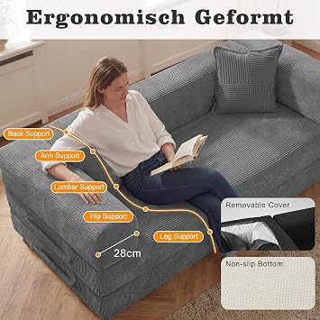 Vipbear 3 Seater Boneless Sofa Bed,Modular Convertible Couch,Pull Out,Grey
