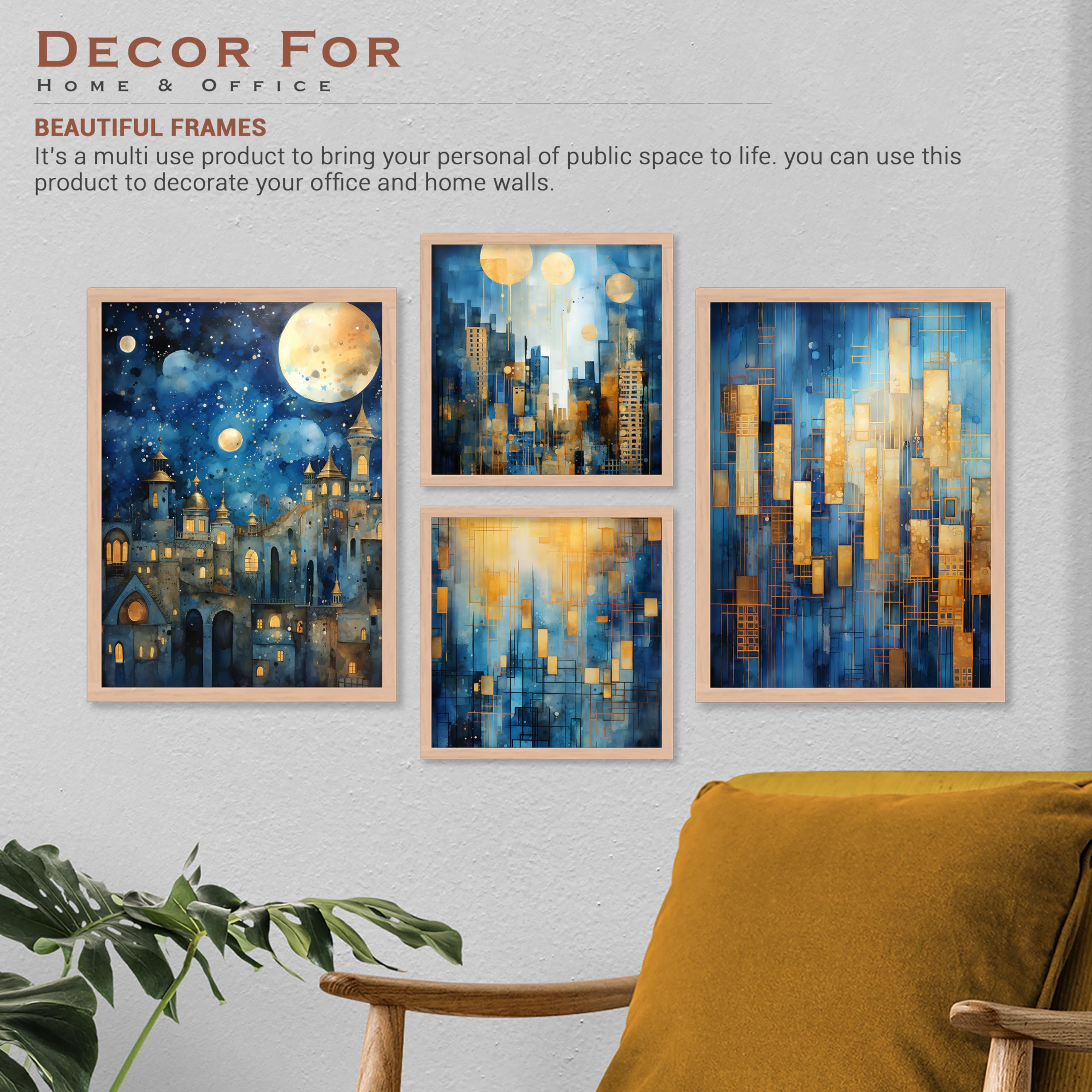 BANGERZ Wall Paintings Scenery For Living Drawing Room Home, Paintings For Wall Decoration - Aesthetic Office Poster Frames For Bedroom Wall Decor Items (Set of 4) (Large, Digital Artwork 5) 3