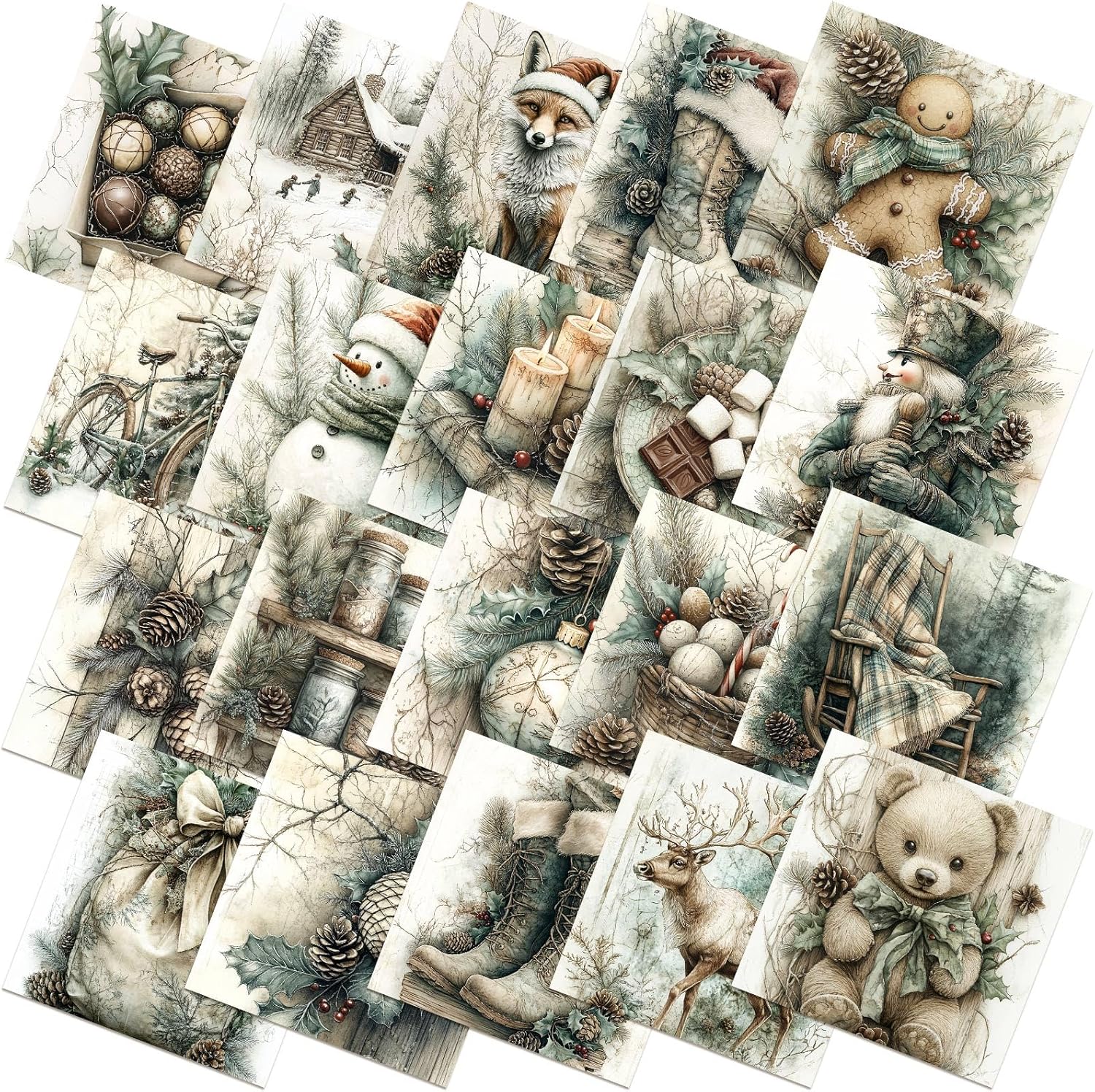 Ganeen 60-Pack 10x10 Inch Vintage Green Christmas Quilting Fabric Squares - Snowman, Gingerbread, Reindeer Precut for Quilts, Crafts & Sewing