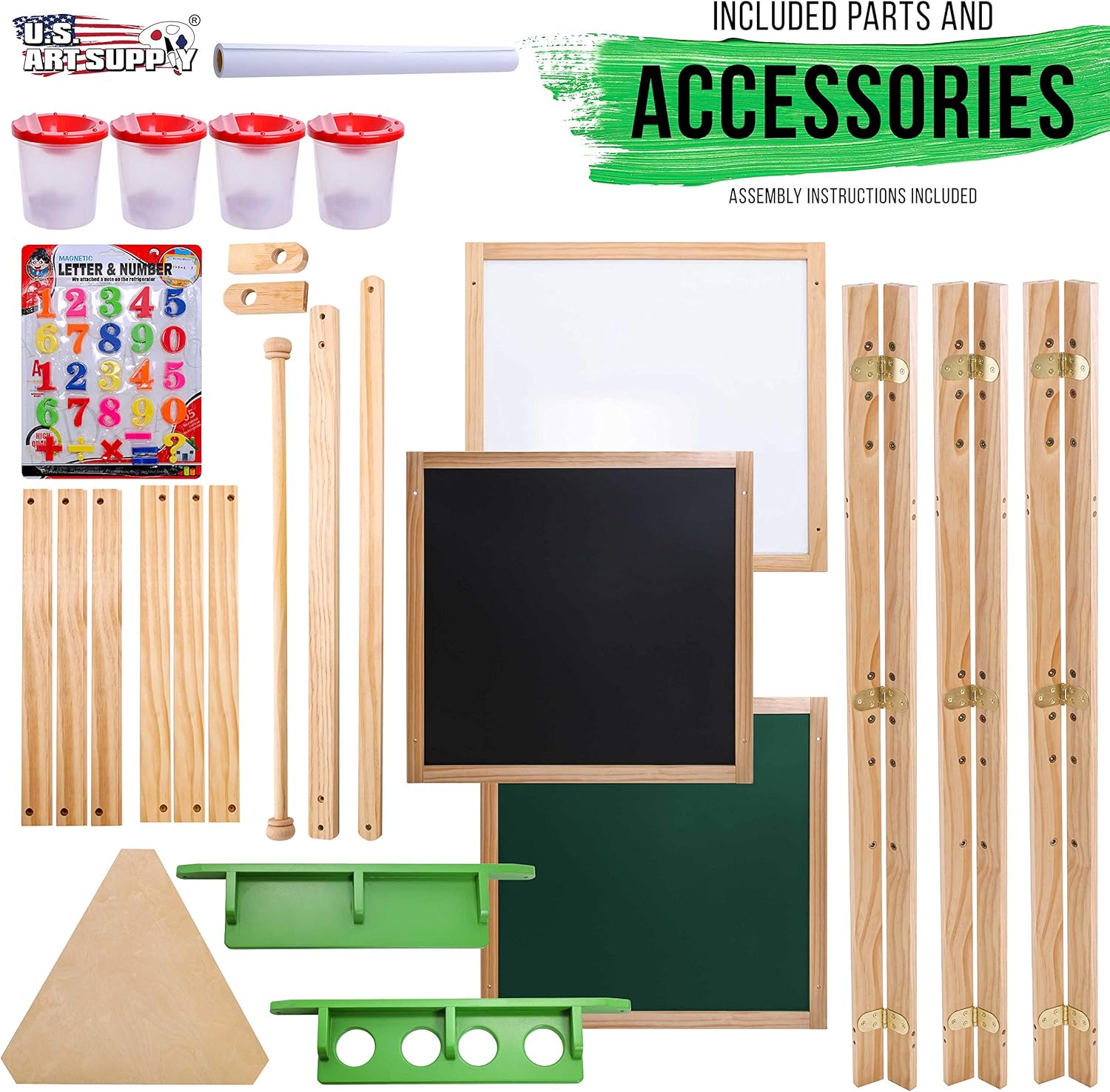 U.S. Art Supply Three Sided Art Station, Wooden Activity Easel with Paper Roll & Shelf - Easel for Drawing, Magnetic Whiteboard, Chalkboard Artist Station & Plastic Paint Cups
