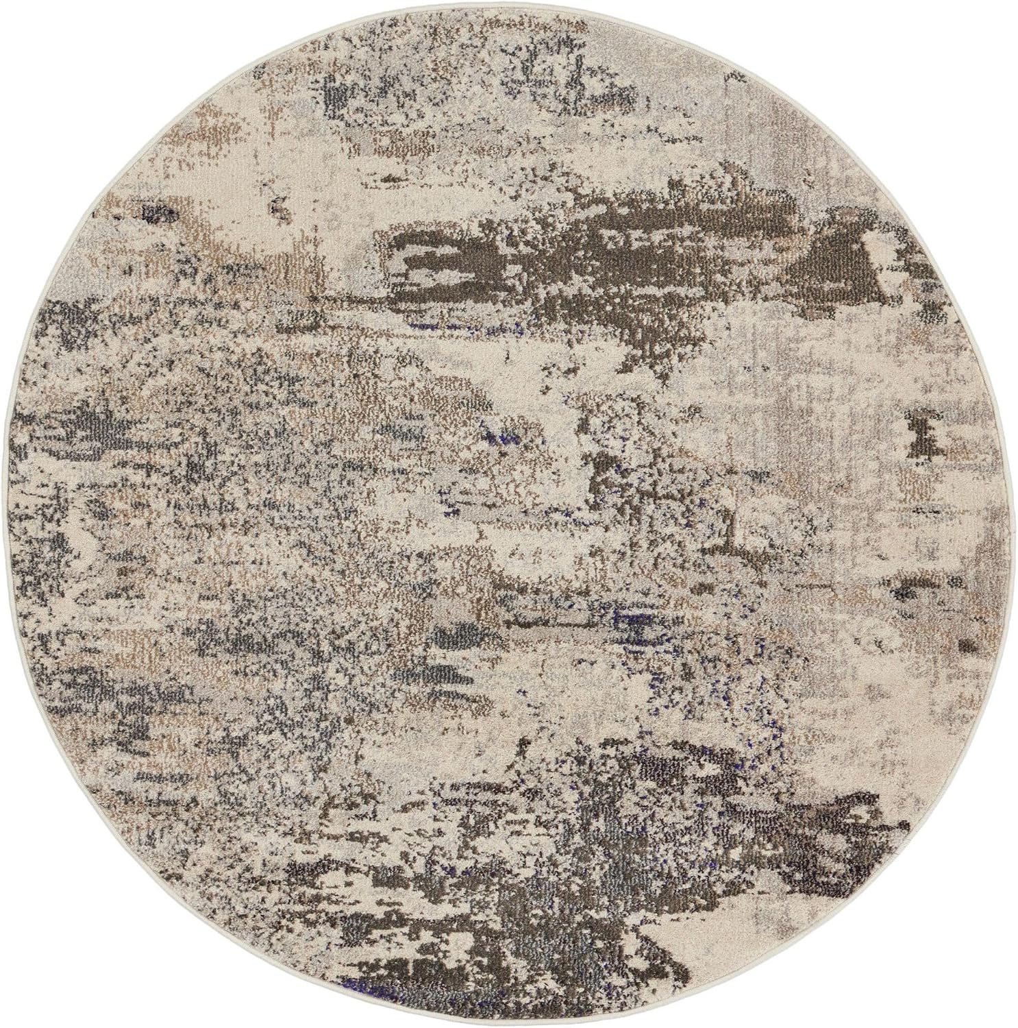 HomeRoots 4' X 4' Ivory and Grey Round Abstract Power Loom Non Skid Area Rug