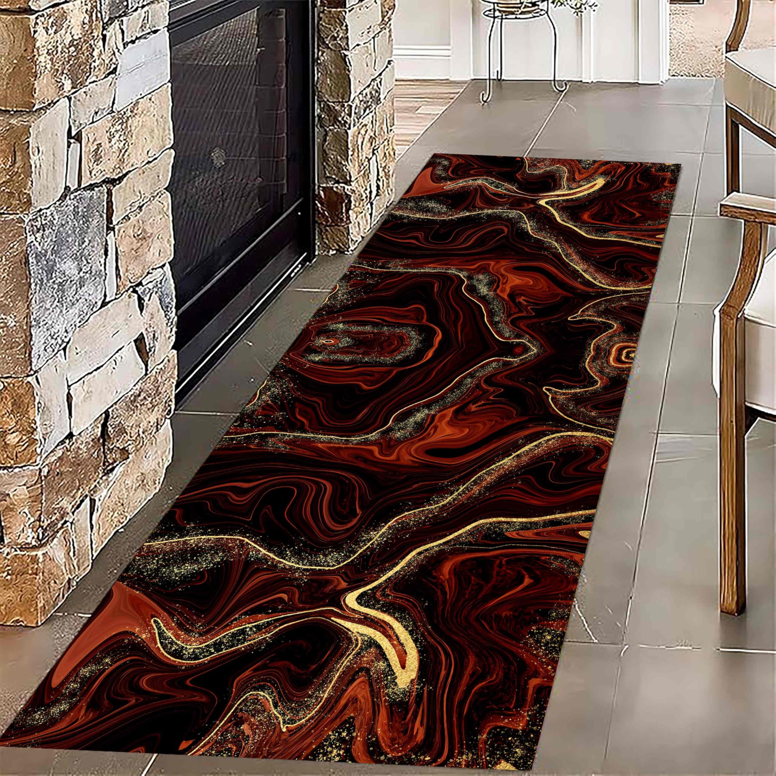 Modern Abstract Runner Rug,60x180cm, Marble Texture Red Gold Long Hallway Low Pile Rug, Cool Stylish Living Room Decoration Non-Slip Washable Art Aesthetic Rugs for Living Room Bedroom Kitchen