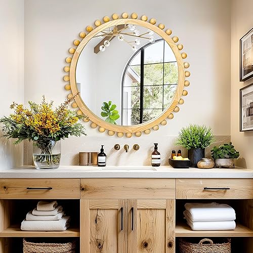 Miniatura 6 de Espejo redondo de madera con cuentas de madera, espejo de pared circular de 24 pulgadas para decoración de pared de sala de estar, baño, entrada,