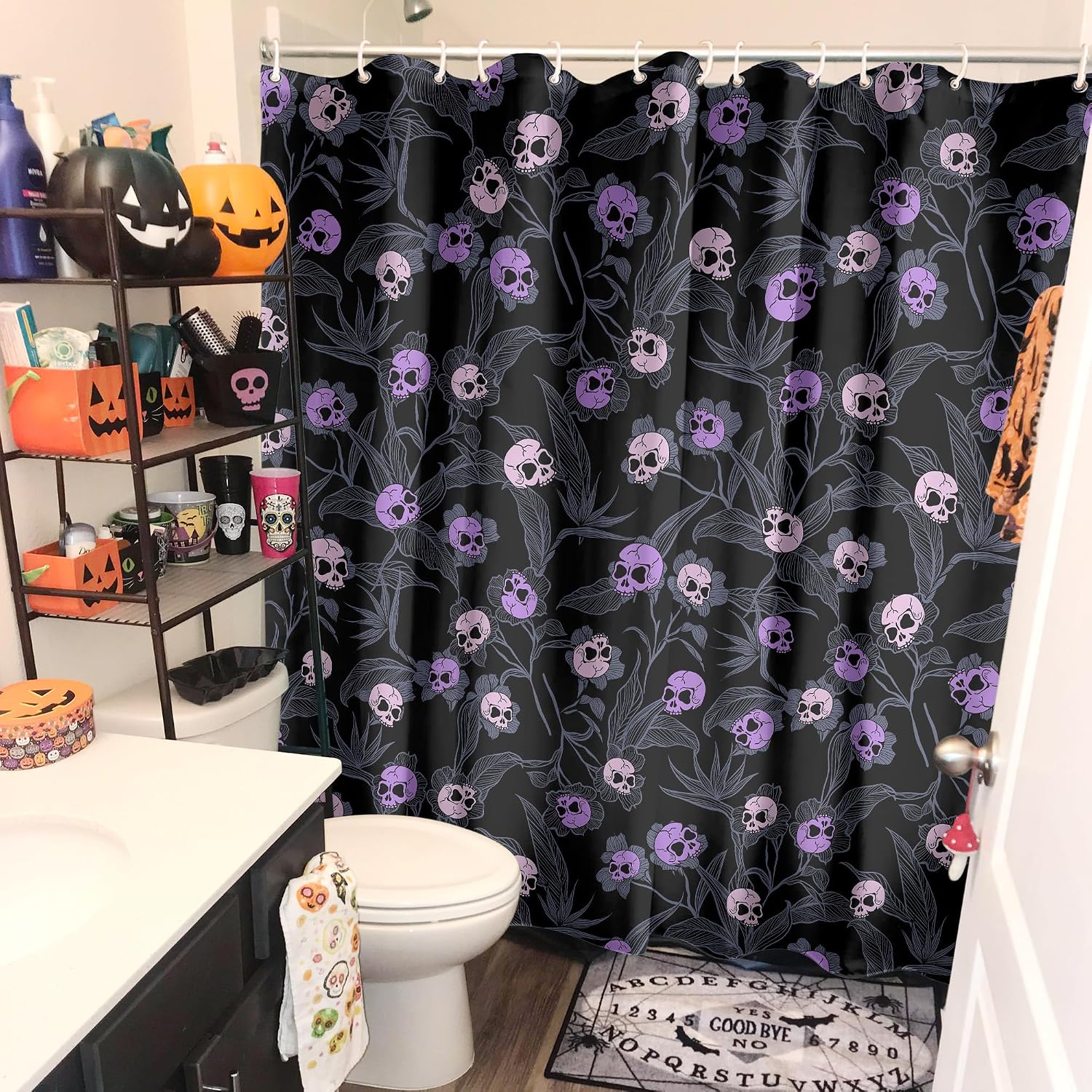 Roszwtit Halloween Goth Skull Shower Curtain 72x72 Inch, Gothic Skeleton Shower Curtains for Bathroom, Halloween Spooky Home Decor Waterproof Fabric with Hooks