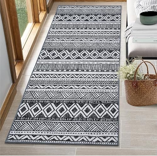 Miniatura 7 de Zacoo Alfombra de pasillo bohemia para cocina, 2 x 6 pies, color negro y blanco, lavable para pasillo, alfombra de pasillo largo marroquí para