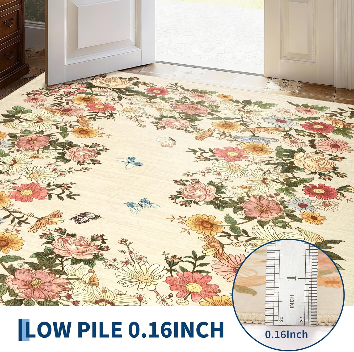 Garvee Rugs for Living Room 5x7, Washable Floral Area Rug Non Slip Soft, Low Pile Ultra-Thin Carpet for Bedroom, Kitchen, Dorm Room, Beige