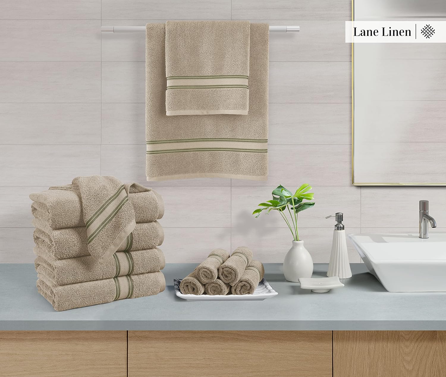 LANE LINEN 18 PC Bath Towels for Bathroom Sets - 100% Cotton Hotel Set Super Aborbent Towel 6 Hand Wash Cloths Taupe