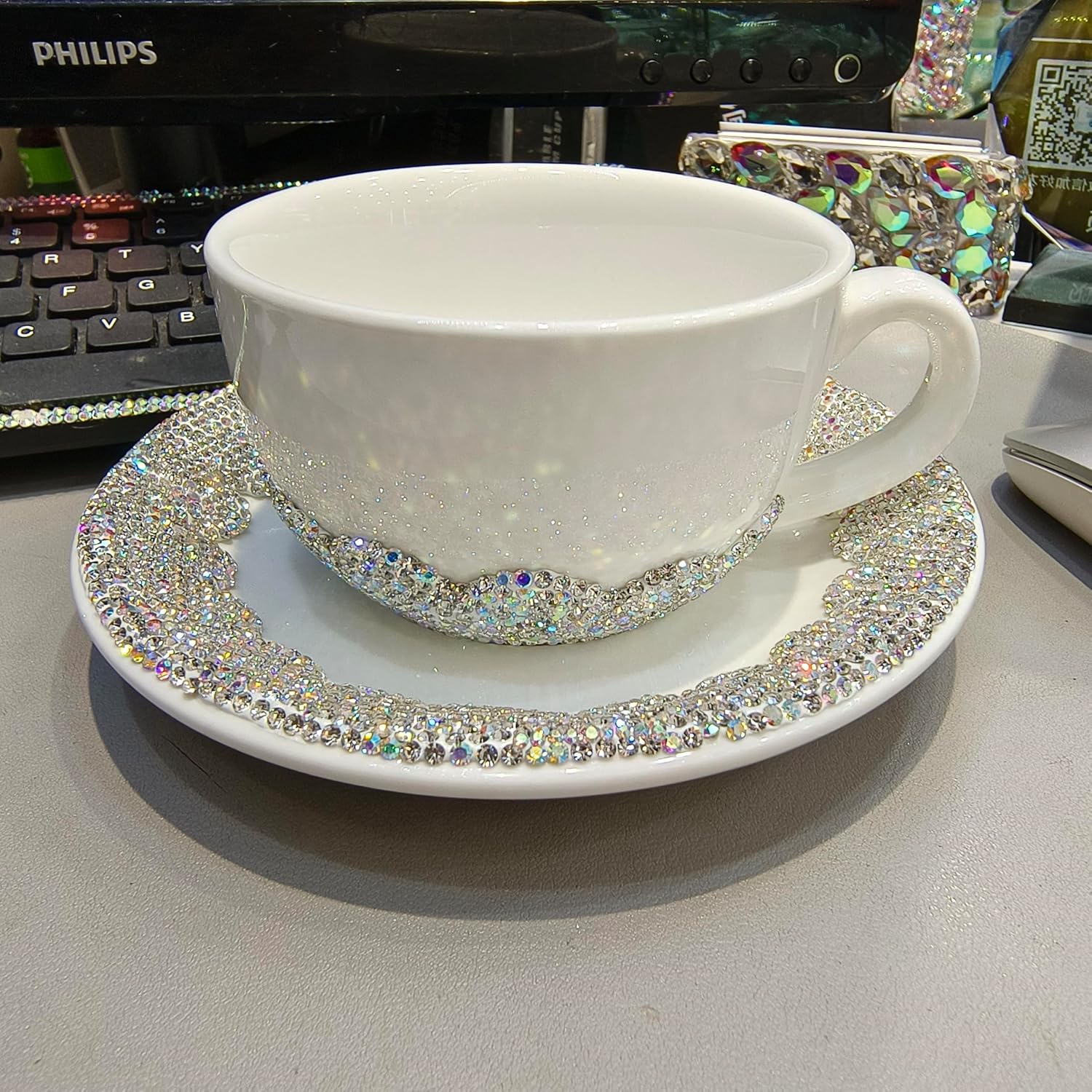 Bling Luxury Ceramic Coffee Cup Set – High Aesthetic Rhinestone-Embedded Milk and Breakfast Cup, Elegant Home and Office Water Cup (Silver)