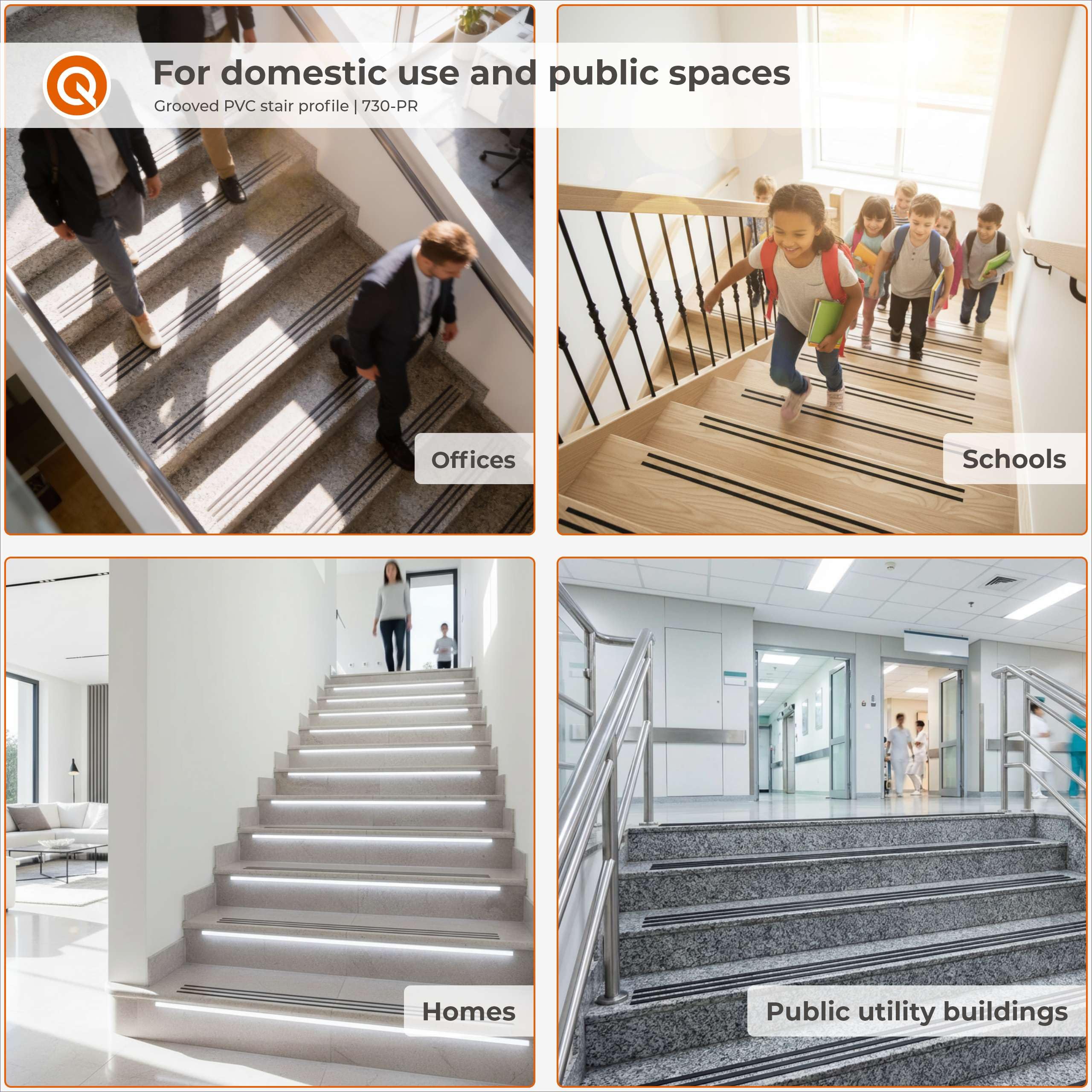 Quest Perfil de Borde de Escalera PVC 4,5 mm Antideslizante - Negro, 25 m | Perfil de borde de escalera para insertar en las ranuras sin adhesivo, resistente a la intemperie y a la abrasión