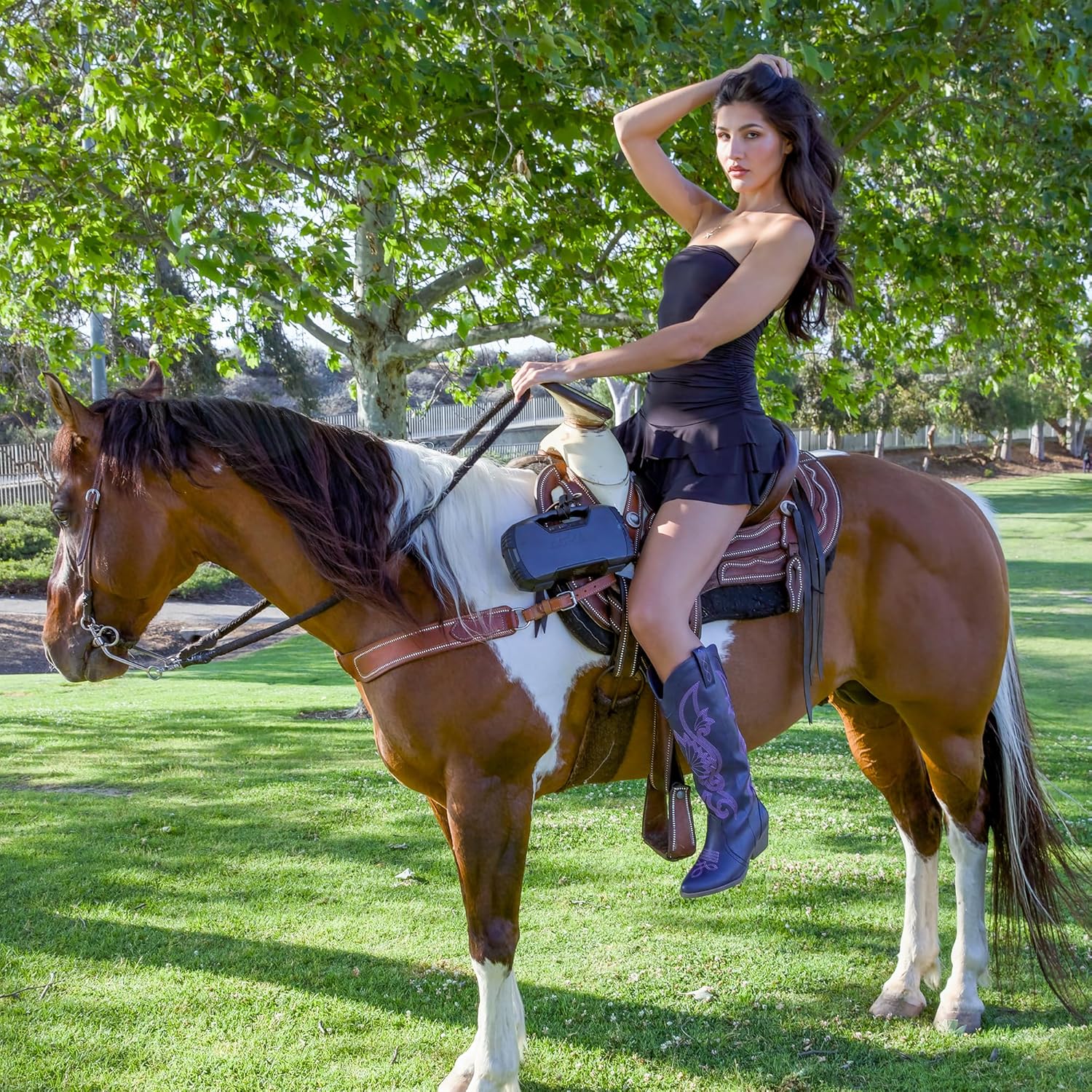 Hawkwell Women's Cowboy Cowgirl Boots Slip On Pointed Toe and Block Heel Shoes with Classic Embroidered Pull On Tall Boot for Ladies Dress Western Knee High Boots