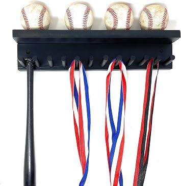 Award Medal Display Rack and Trophy Wall Shelf Medals Baseball Bat Rack and Ball Holder Display Natural Finish Meant to Hold up to 11 Mini Collectible Bats and 4 Baseballs