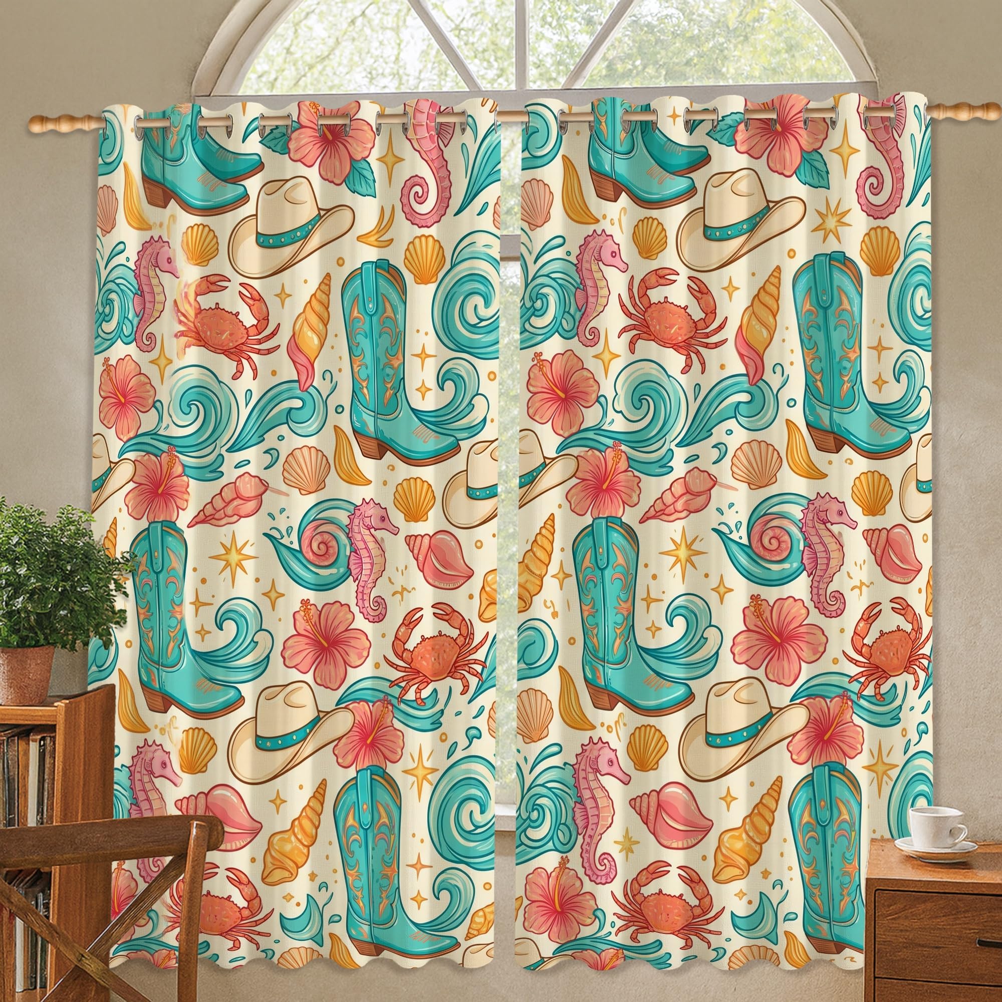 Rideaux occultants turquoise 106x114 cm lavables pour salon motif cowboy