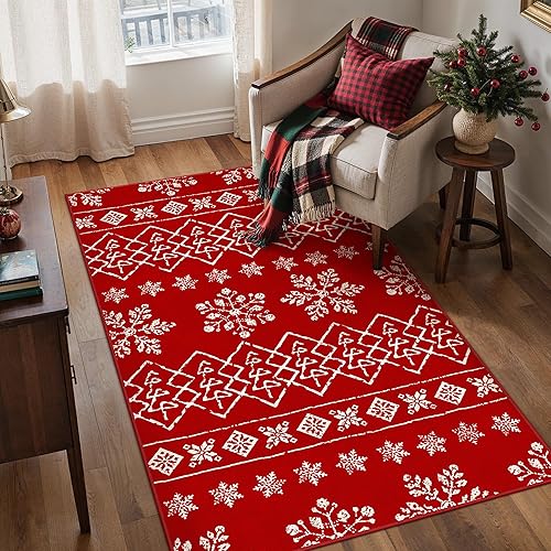 Miniatura 17 de Alfombra de área de Navidad 5 x 7 pies, copos de nieve rojos, alfombra decorativa festiva para sala de estar, dormitorio, alfombra antideslizante
