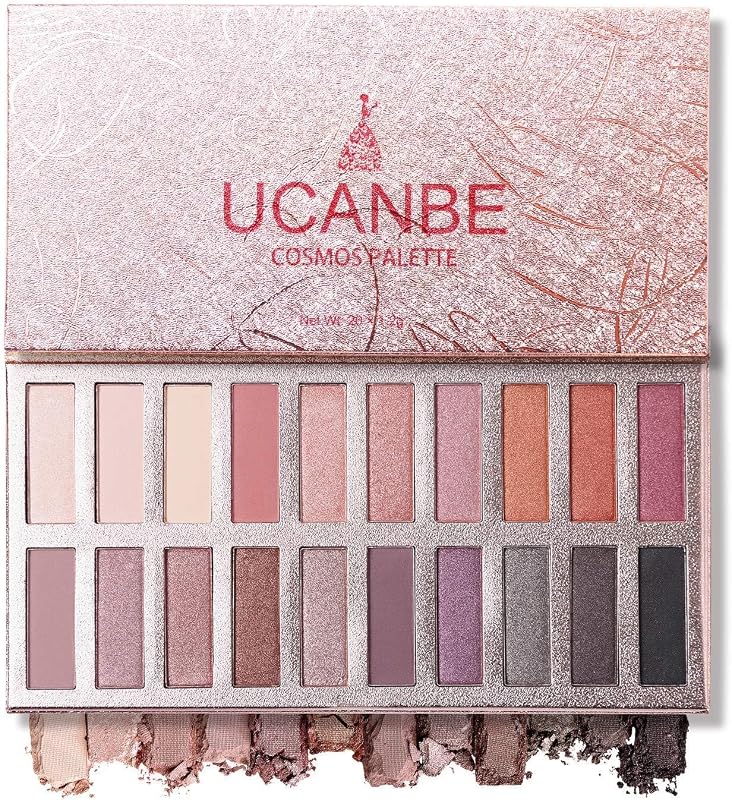 UCANBE Paleta de sombras de ojos desnudas de 20 colores, paletas de sombras de ojos metálicas mate con brillo alto pigmentado, maquillaje de ojos de bronce cálido ahumado neutro mezclable de larga duración