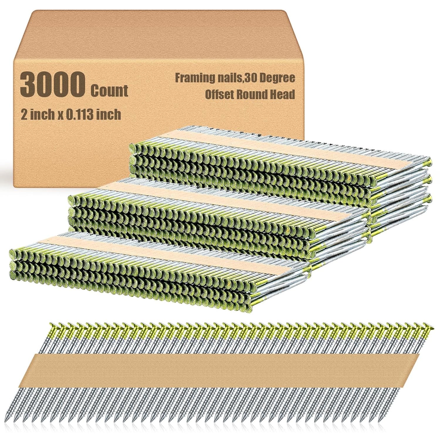 Framing Nails, 30 Degree, Offset Round Head, Galvanized, 30 Degree Collated Framing Nails for Most 30-34 Degree, Paper Tape Collated Framing Nails, 2" x 0.113", 3000 Count