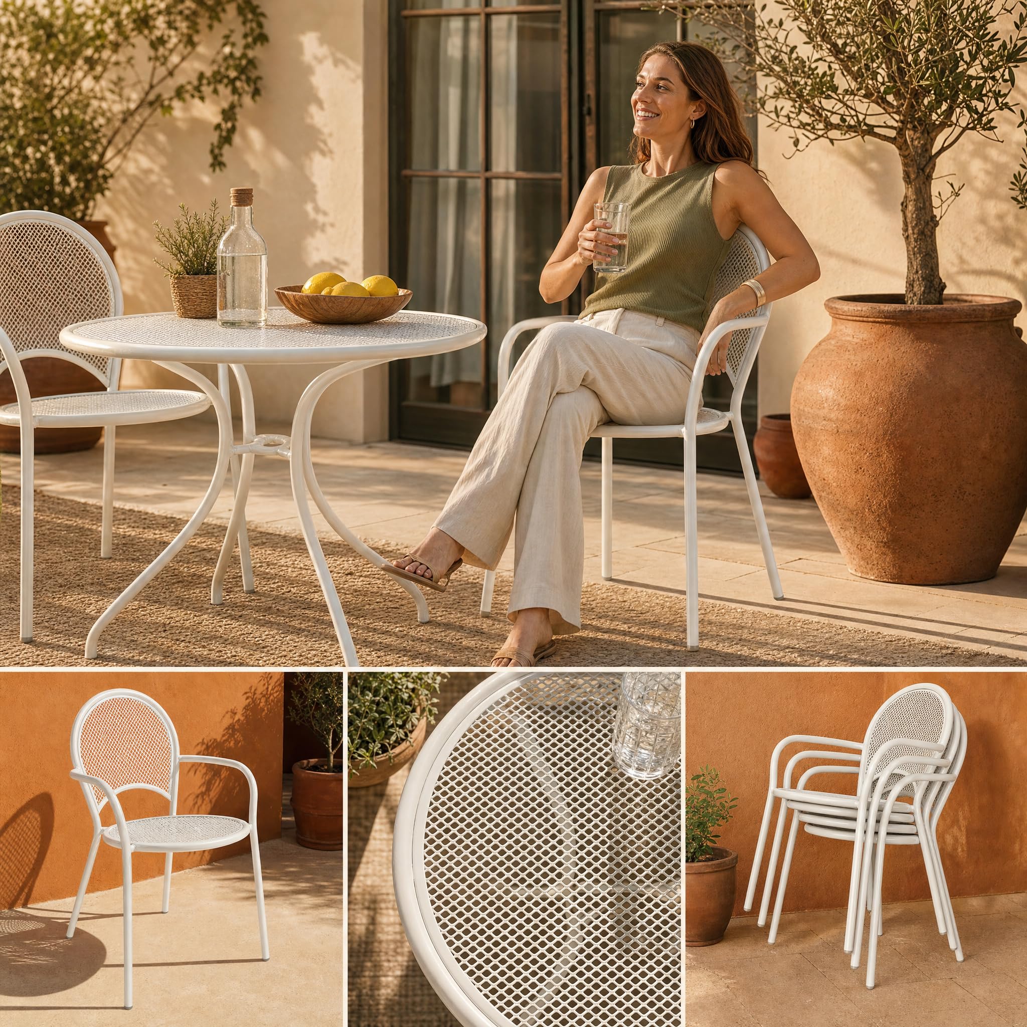 Silla Jardín Exterior Apilable, Sillón Resina Blanca Resistente UV