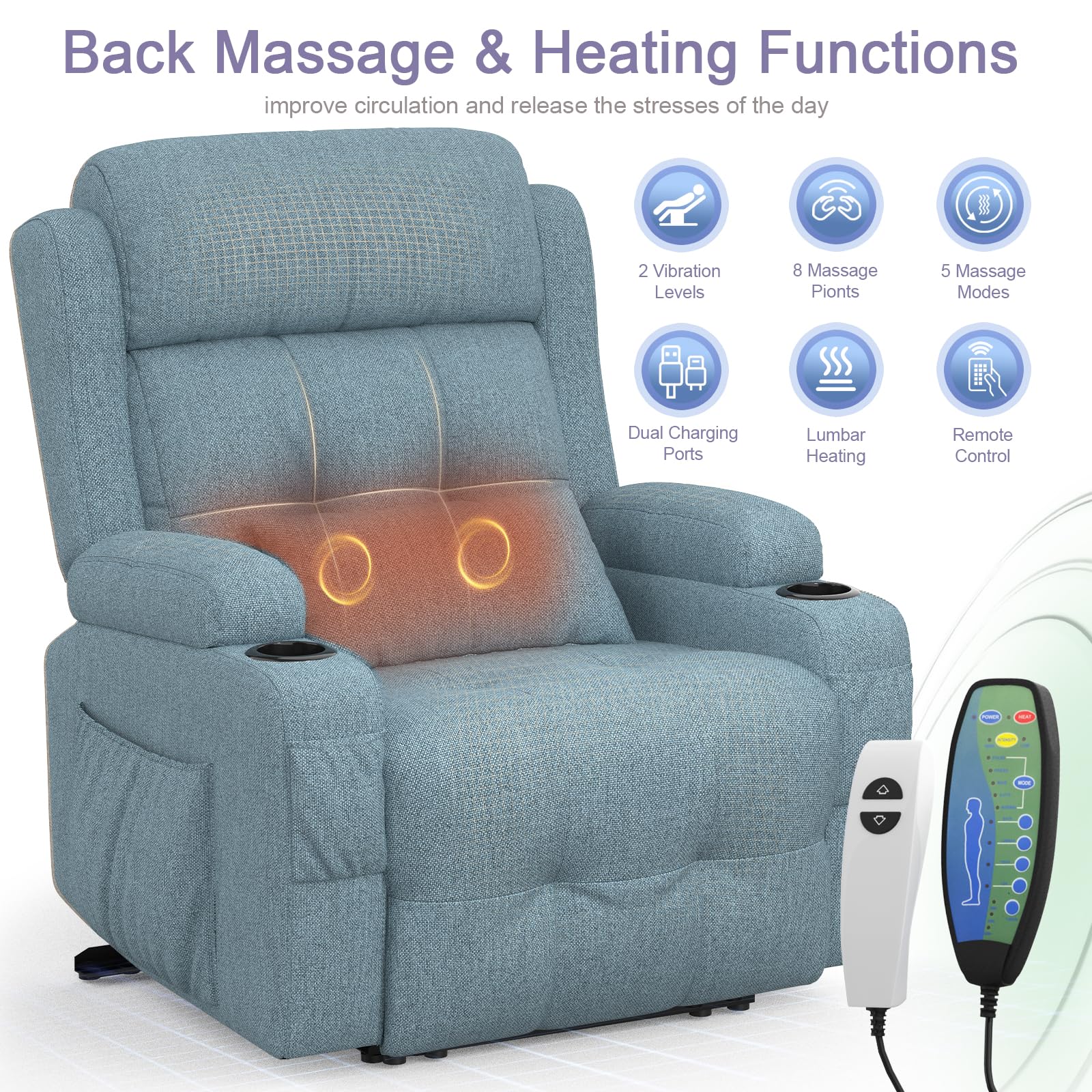 Relaxsessel Fernsehsessel Elektrisch Verstellbar Massagesessel mit Wärmefunktion Liegefunktion,2 Getränkehalter,4 Seitentaschen, TYP C & USB-Anschlüsse, TV Sessel für Fußteil, Wohnzimmer