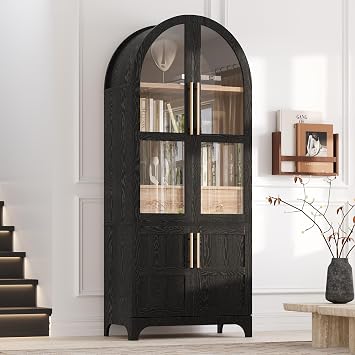 RuiSiSi 71" Tall Kitchen Pantry Cabinet with Door Shelves, Farmhouse Storage Cabinet with Open & Adjustable Shelves, Hidden Drawer & Glass Door, Cupboard for Kitchen Dining Room, Black