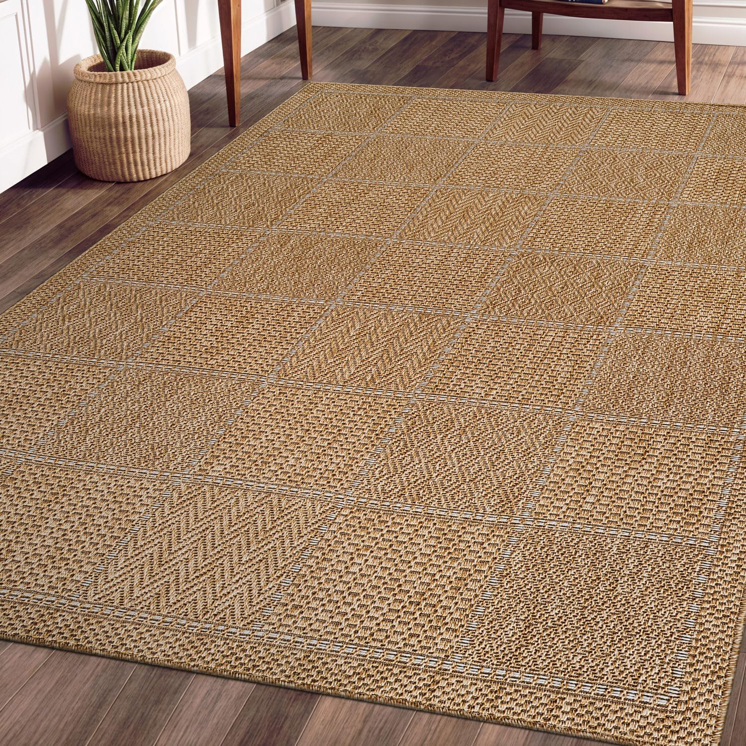 Beverly Rug Easy Jute Checkered Squared Rug 5x7 Washable Durable Indoor Outdoor Area Rugs for Living Dining Room Patio Office Stain Resistant Non Shedding Casual Indoor Outside Carpet 5 x 7 Natural