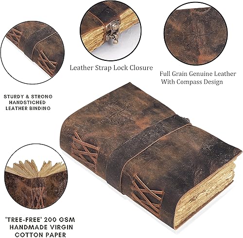 Miniatura 5 de Diario de cuero vintage con brújula - Antiguo hecho a mano con candado Diario encuadernado en cuero con papel de borde de cubierta para diario de