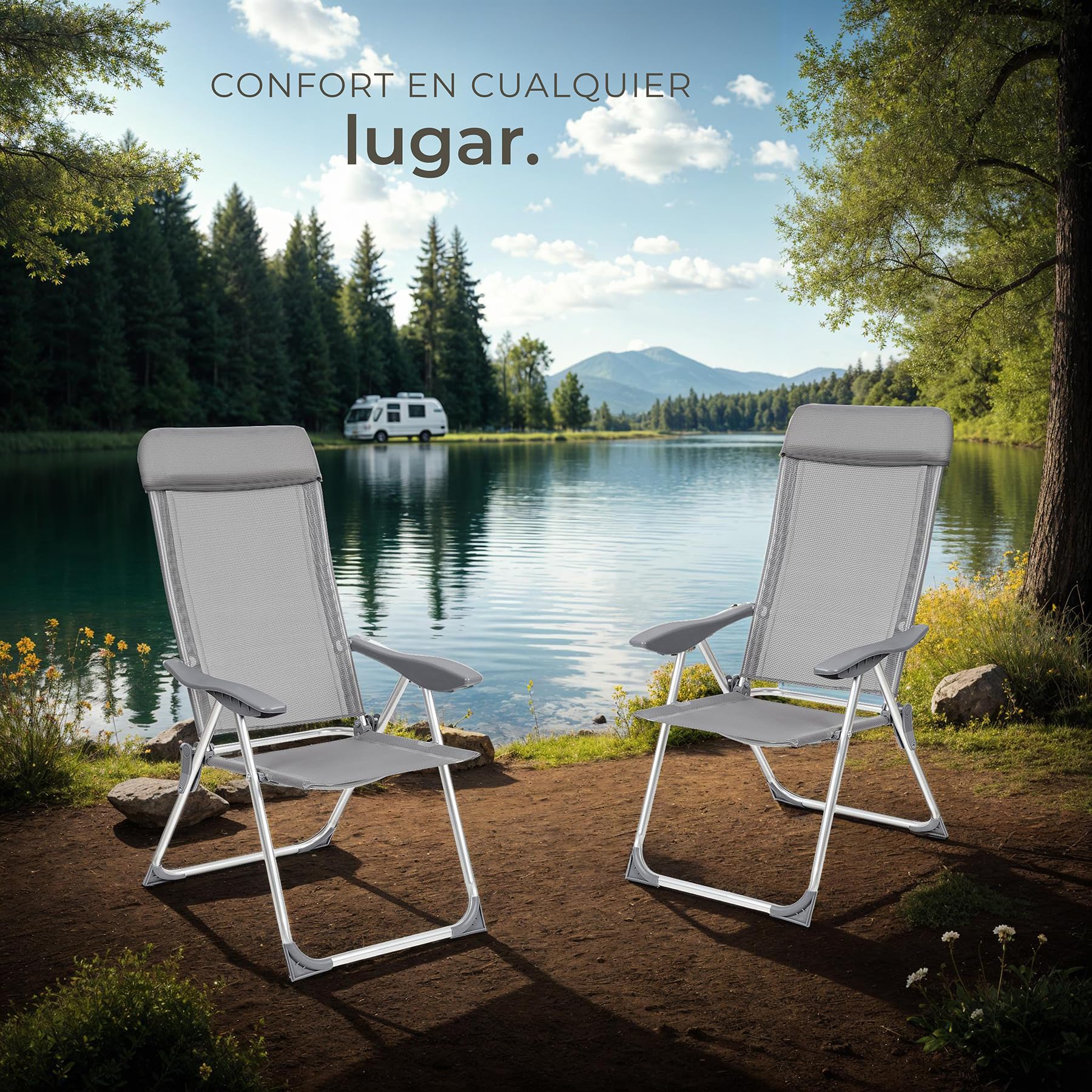 tectake® Conjunto Sillas Jardín Exterior de Aluminio, Respaldo Regulable y Reposacabezas, Conjunto Sillas Terraza Resistentes a Intemperie, Transpirable, Patas Reforzadas - 4 Sillas Gris