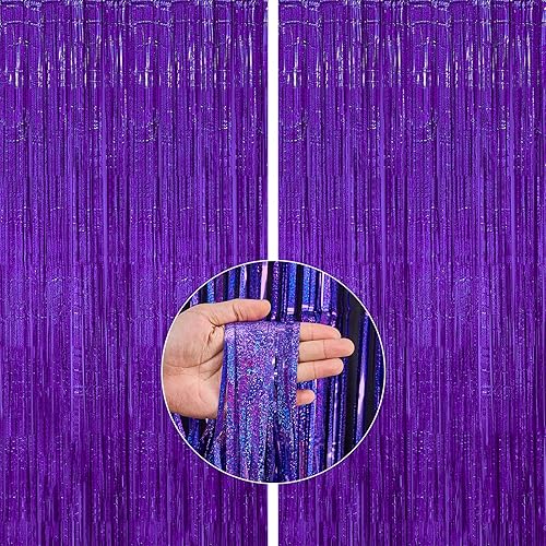 PartyWoo 2 cortinas de flecos de papel de aluminio morado, flecos metálicos de oropel para puerta, telón de fondo de serpentinas moradas para PartyWoo 2 cortinas de flecos de papel de aluminio morado, flecos metálicos de oropel para puerta, telón de fondo de serpentinas moradas para