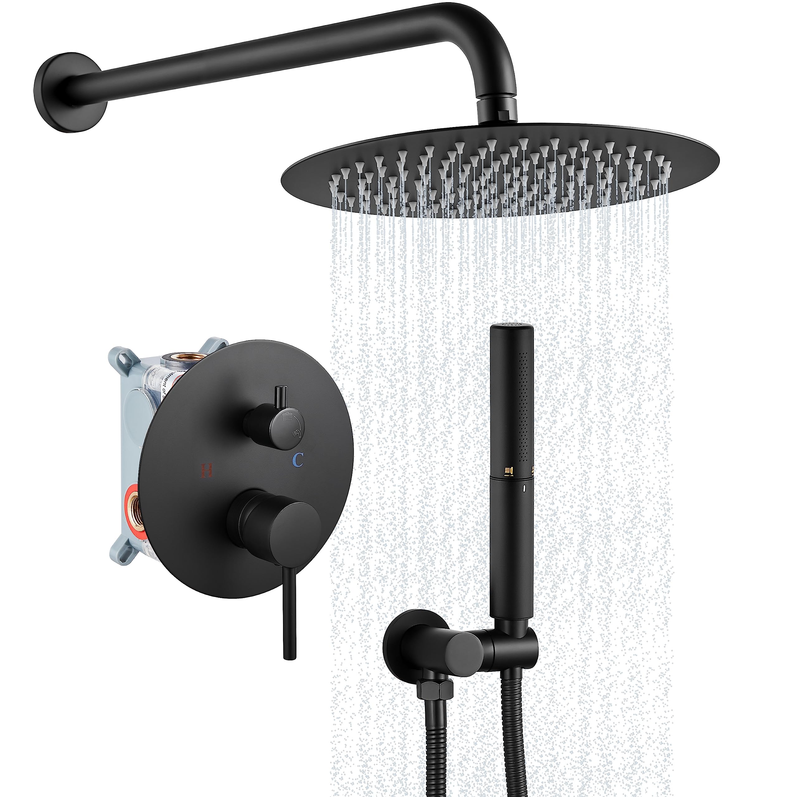 Airuida Shower Fixtures Matte Black 2 Functions 10 Inches Round Rainfall Shower Head and High Pressure Brass Shower Handheld Mixer Bathroom Wall Mount Shower System with Rough-in Valve
