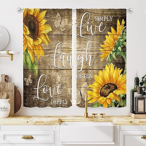 MESHELLY Cortinas de cocina con diseño de girasol de acuarela de 275 pulgadas de ancho x 39 pulgadas de alto bolsillo para barra tablón de madera