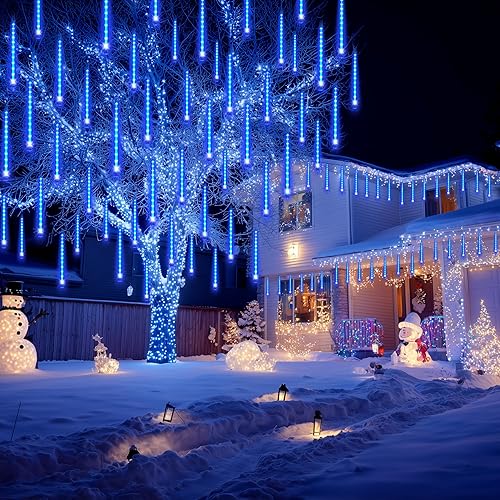 Miniatura 6 de JOYIN Luces de Navidad para exteriores, 8 tubos de luces de lluvia de meteoritos azules, 192 LED, luz de lluvia en cascada de carámbano de nieve
