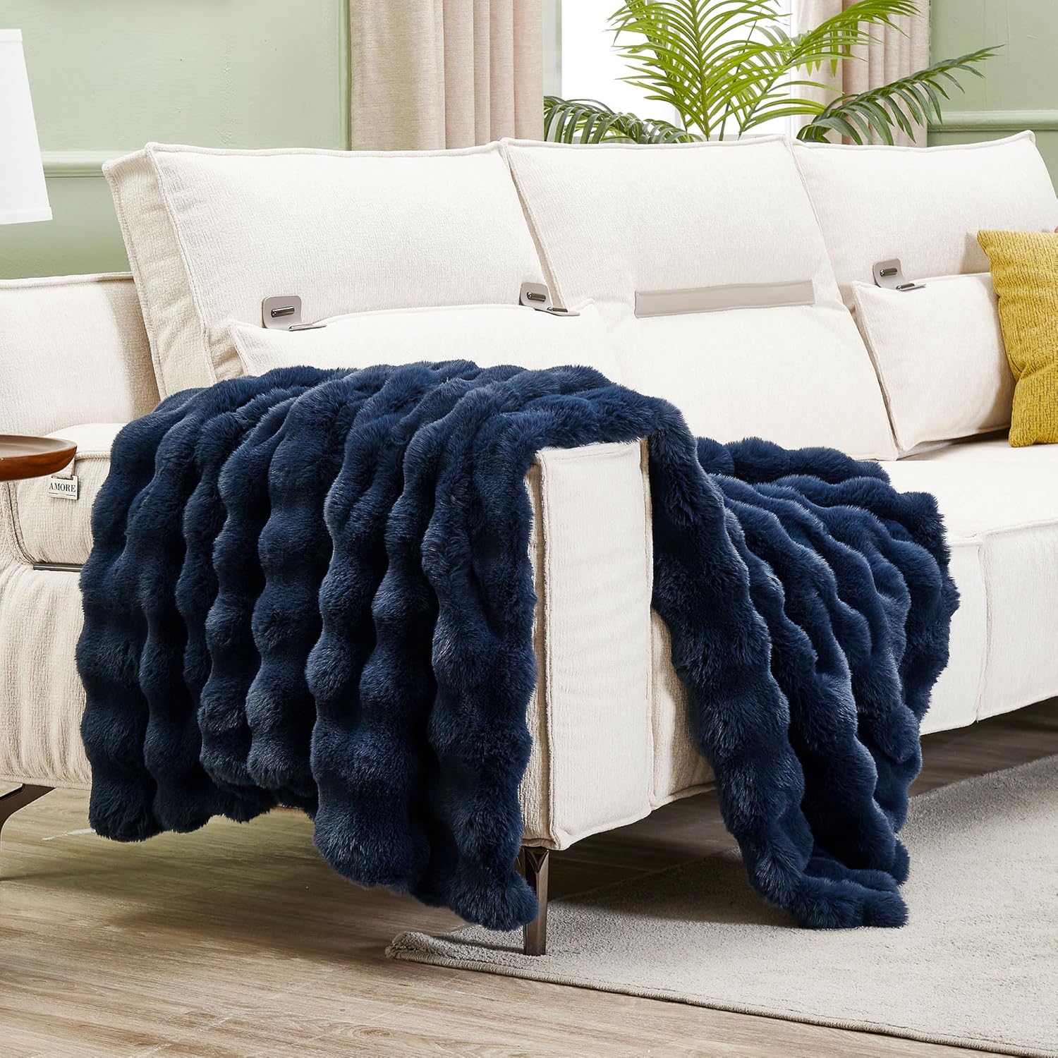 DREAMNINE Super Soft Thick Bubble Faux Rabbit Fur Throw Blanket for Couch 50" x 60", Reversible Plush Warm Winter Fluffy Blankets, Decorative Cute Cozy Bubble Furry Blanket for Bedroom Sofa, Navy Blue - Image 2
