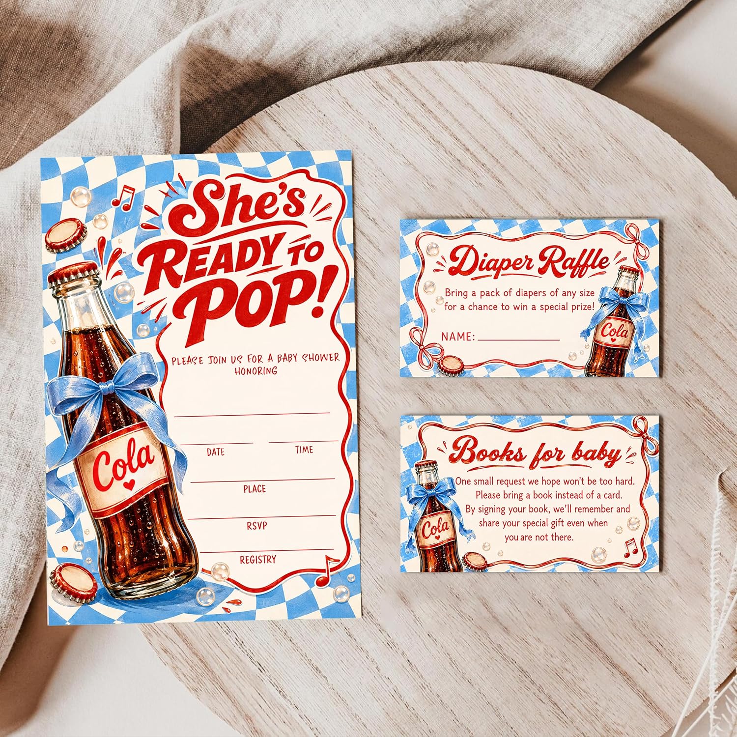 Blue She's Ready to Pop Baby Shower Invitations for Girls Boys, 25 Sets Blue Gingham Baby Shower Invites with Envelopes, Diaper Raffle Tickets, Books Request Cards, Babyshower Decorations-B01
