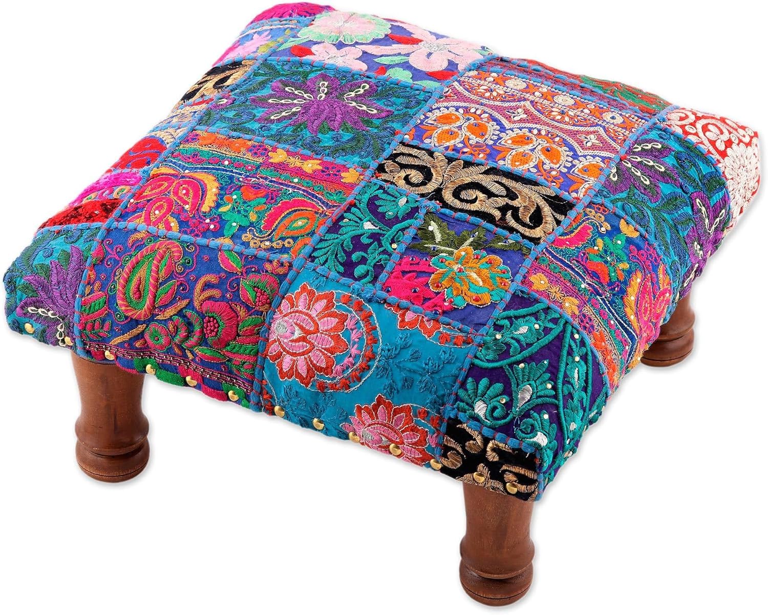 NOVICA Artisan Handmade Embellished Ottoman Fair Trade Foot Stool from India Multicolor Wood Furniture Stools Ottomans Accent Upcycled Floral Bollywood College Dorm Nat Geo Decor [9in H x 15.75in W X]