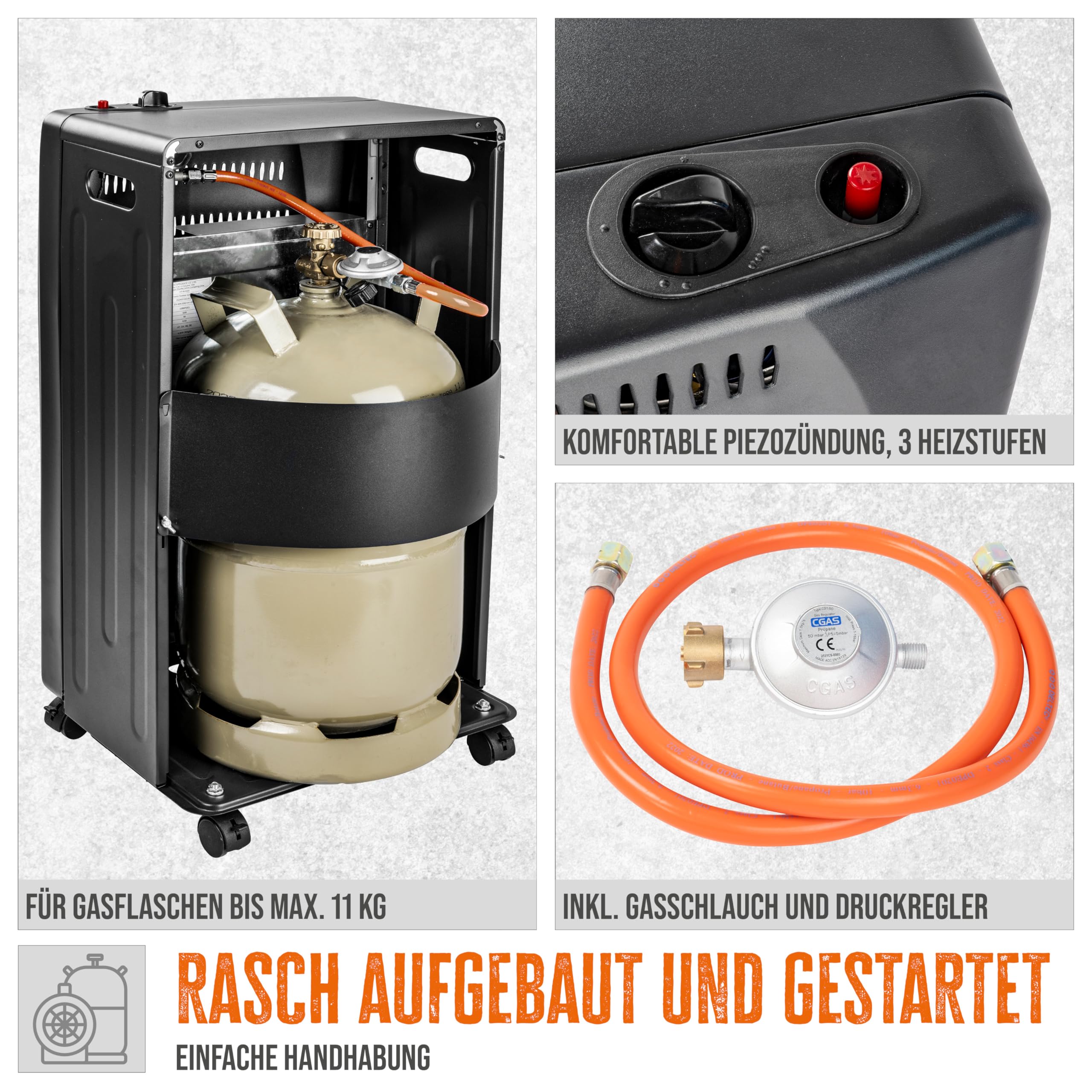 Güde Gasheizer GGH 4200 K (4200 W, 3 Heizstufen, Piezozündung, mobil einsetzbar, 50 mbar Arbeitsdruck, Keramik-Heizelemente, thermische Sicherung, 4 Feststellrollen, inkl. Gasschlauch und Druckregler)
