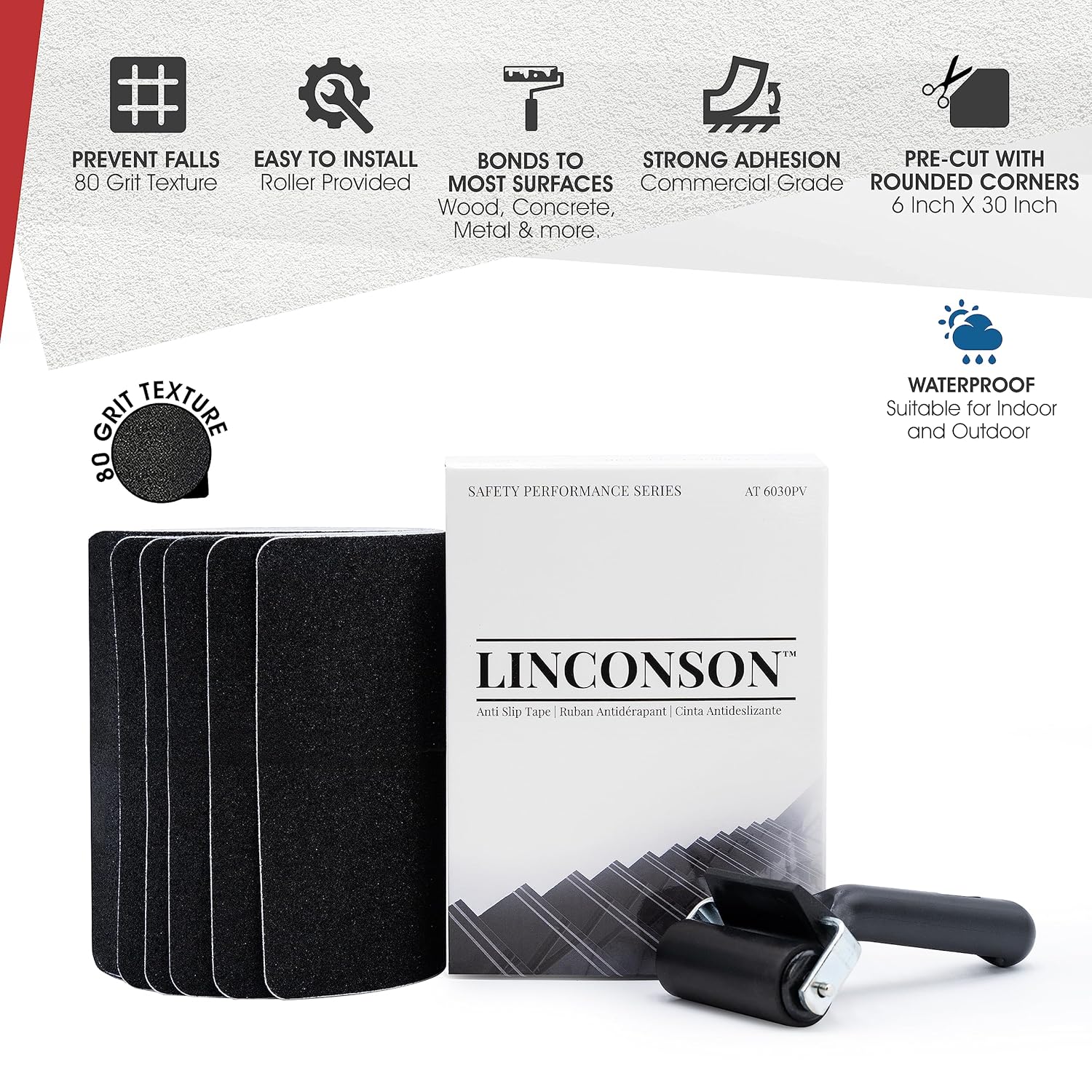 linconson 15 Pack | 6” x 30” | Black Outdoor Slip Resistant Stairs Tread Grip Tape Anti Slip Strips | Easy Install Roller Included