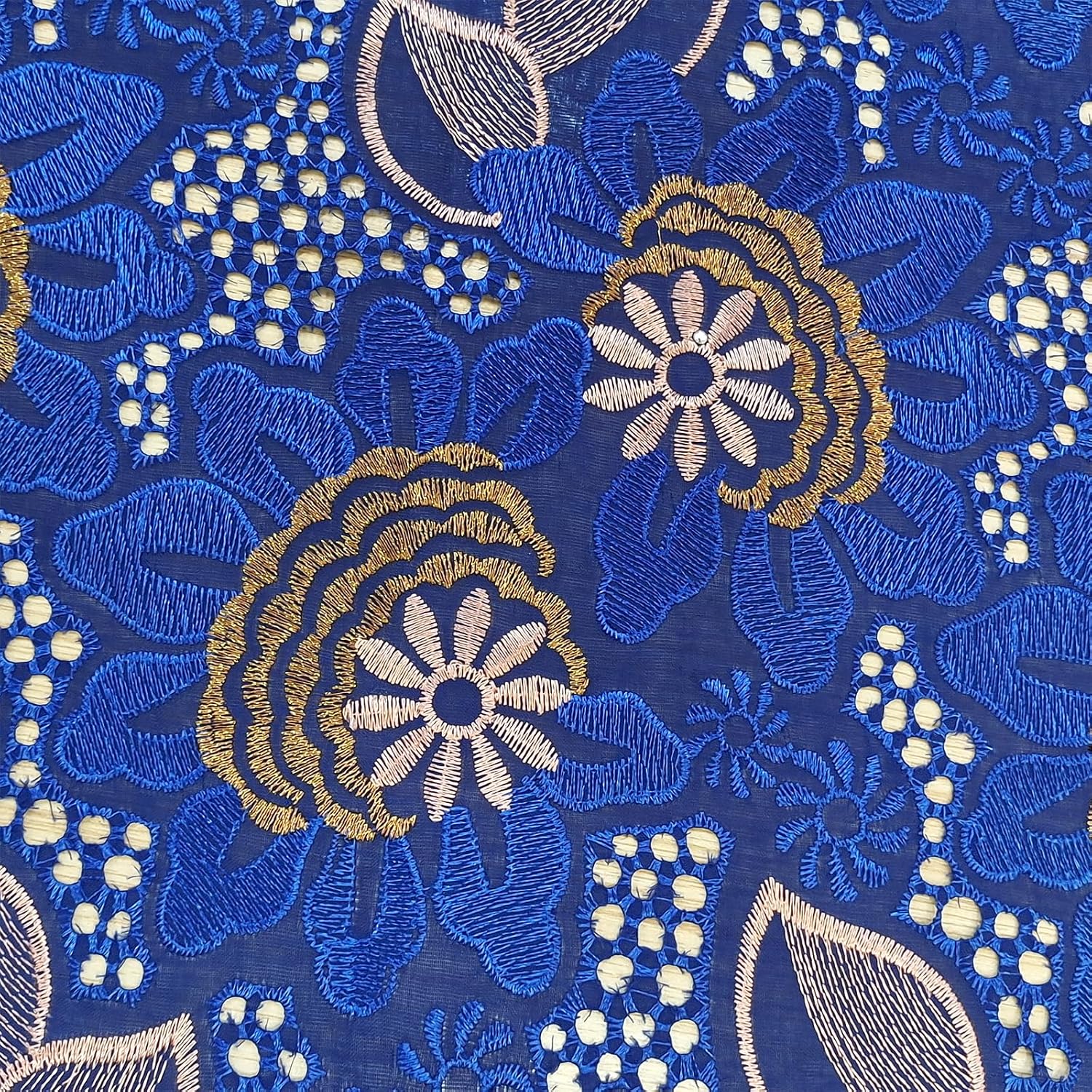 Bestway Lace African Lace Fabric 5 Yards Floral Voile Rhinestones Embroidery for Nigerian Wedding Party Dress Material (Royal Blue)
