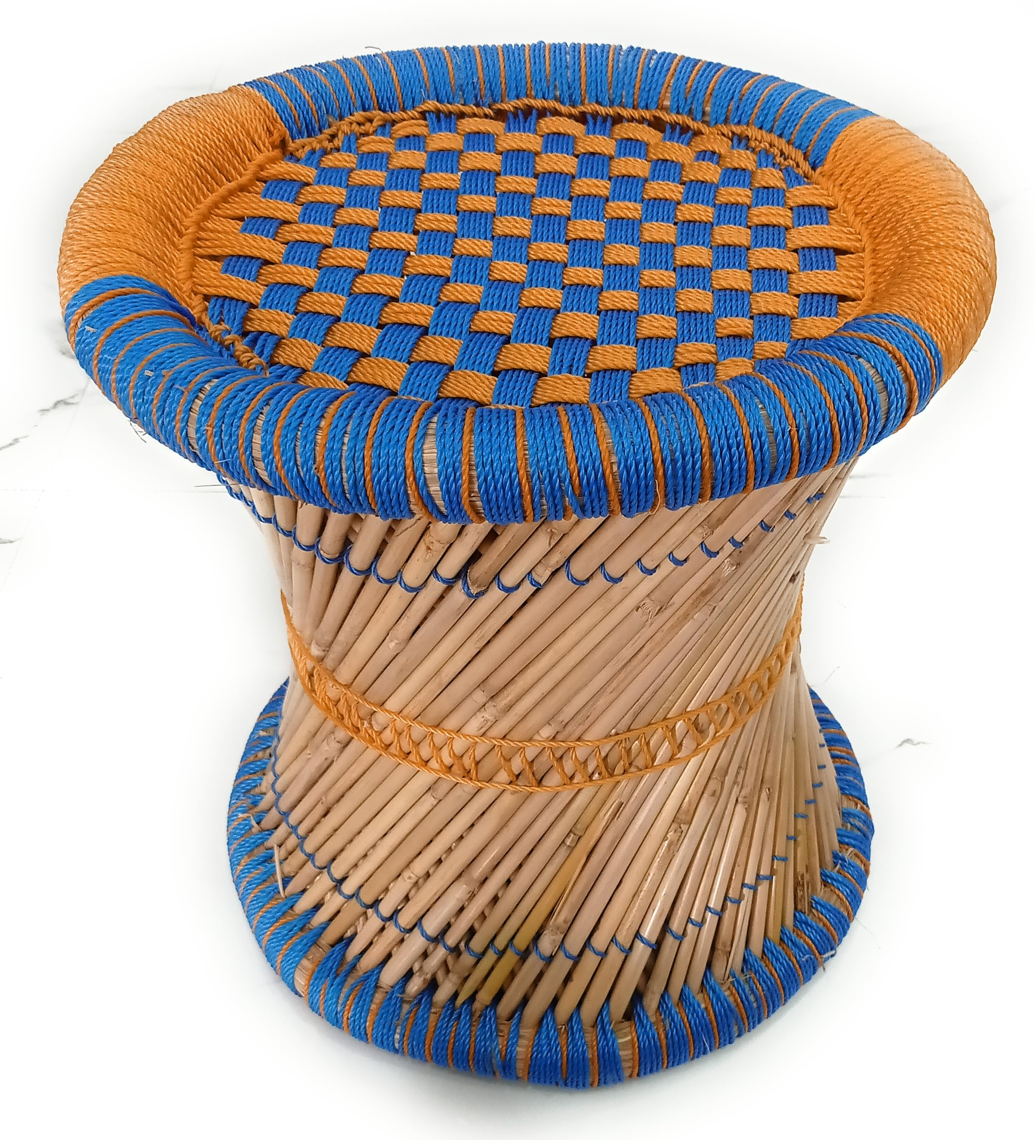 Handcrafted Bamboo Stool with Woven Seat, Blue and Orange Thread Design, Traditional Hourglass Shape-image-21