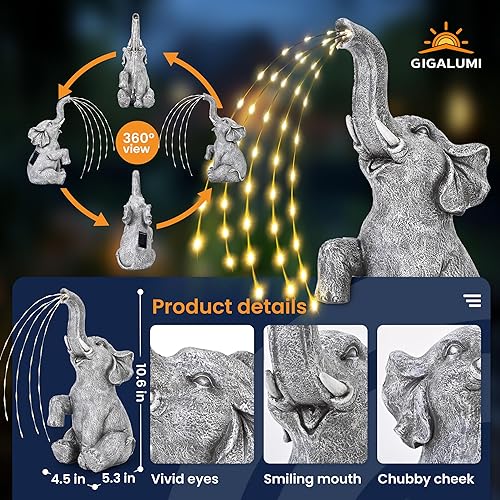 Miniatura 3 de GIGALUMI Decoración solar de elefante para jardín, regalos de cumpleaños para mujeres, regalos para mamá, abuela, anciano, decoración de elefante al