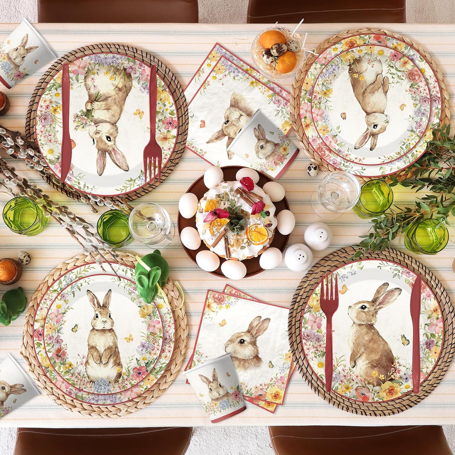 Happy Easter Party Tableware Red Vintage Easter Bunny Decoration Red Easter Cute Rabbit Floral Theme Disposable Paper Plates Napkins Cups Forks and Knives for Spring Home Party Decor Supplies,Serve 24