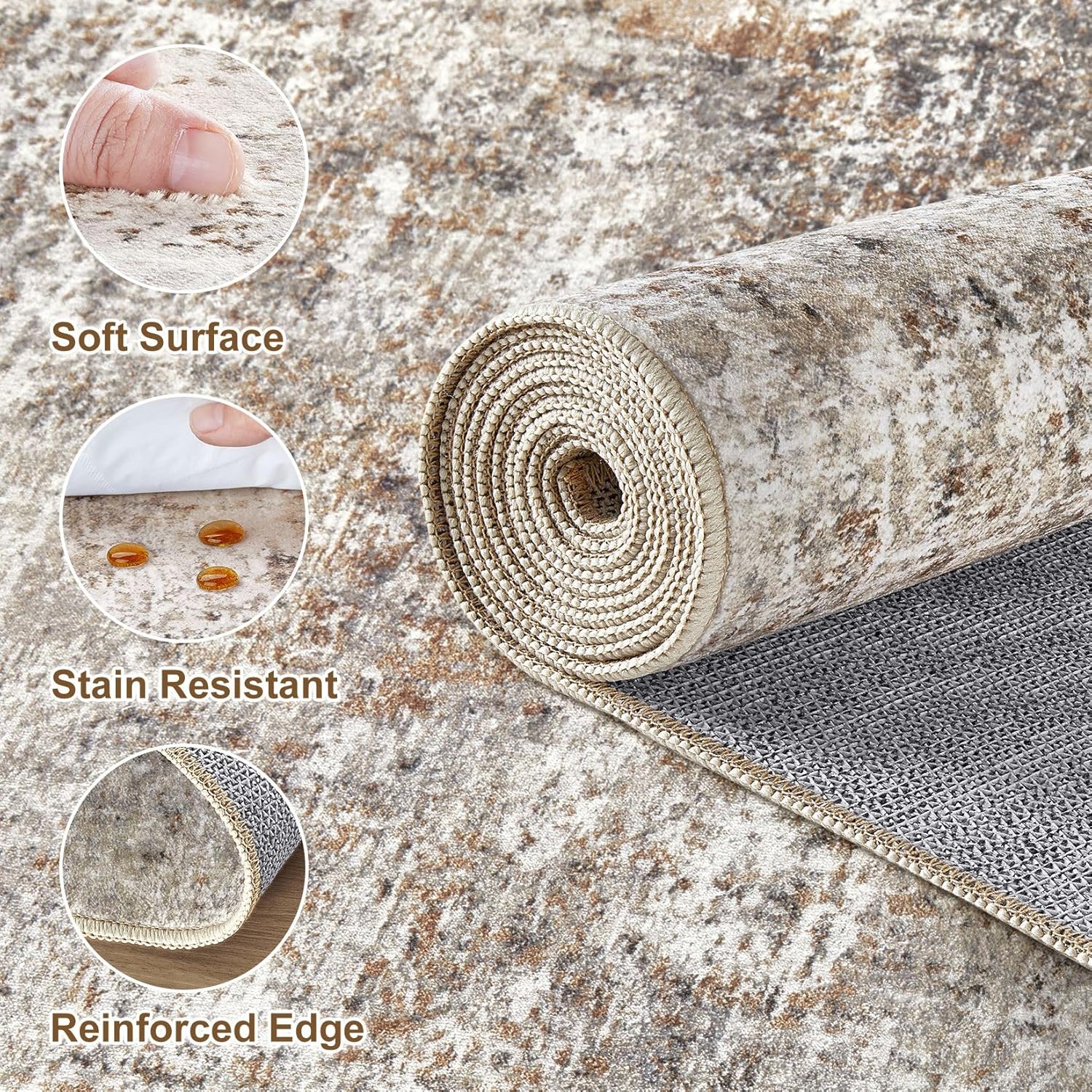 9x12 Area Rugs for Living Room: Washable Large Neutral Abstract Rug Soft Non Slip Stain Resistant Low Pile Indoor Carpet for Bedroom Dining Room Nursery Office Playroom - Brown Grey