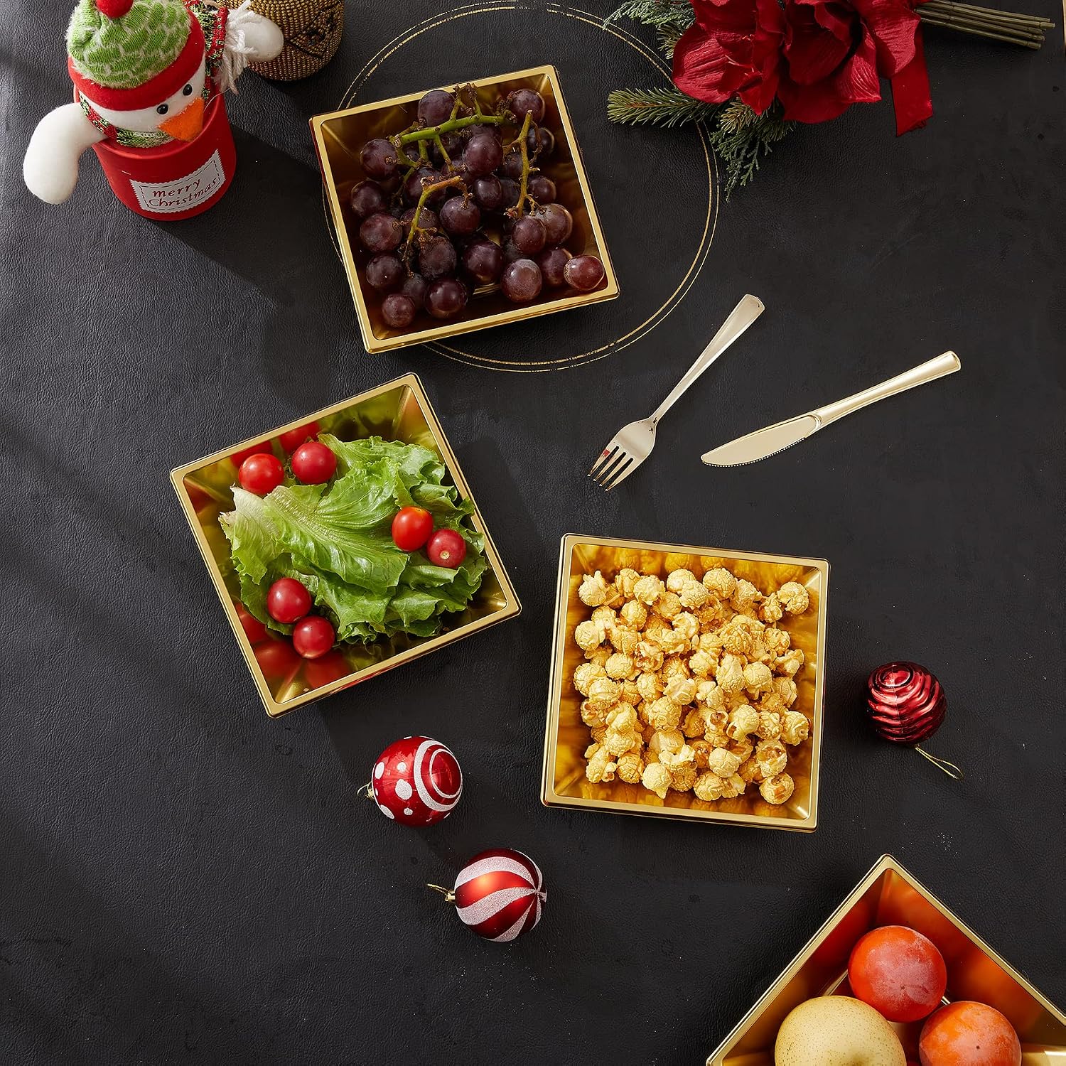 N9R 50 Count Gold Square Plastic Serving Bowls, 12 Oz Disposable Square Bowls for Candy Snake, Salad Bowl Perfect for Party Wedding Birthday