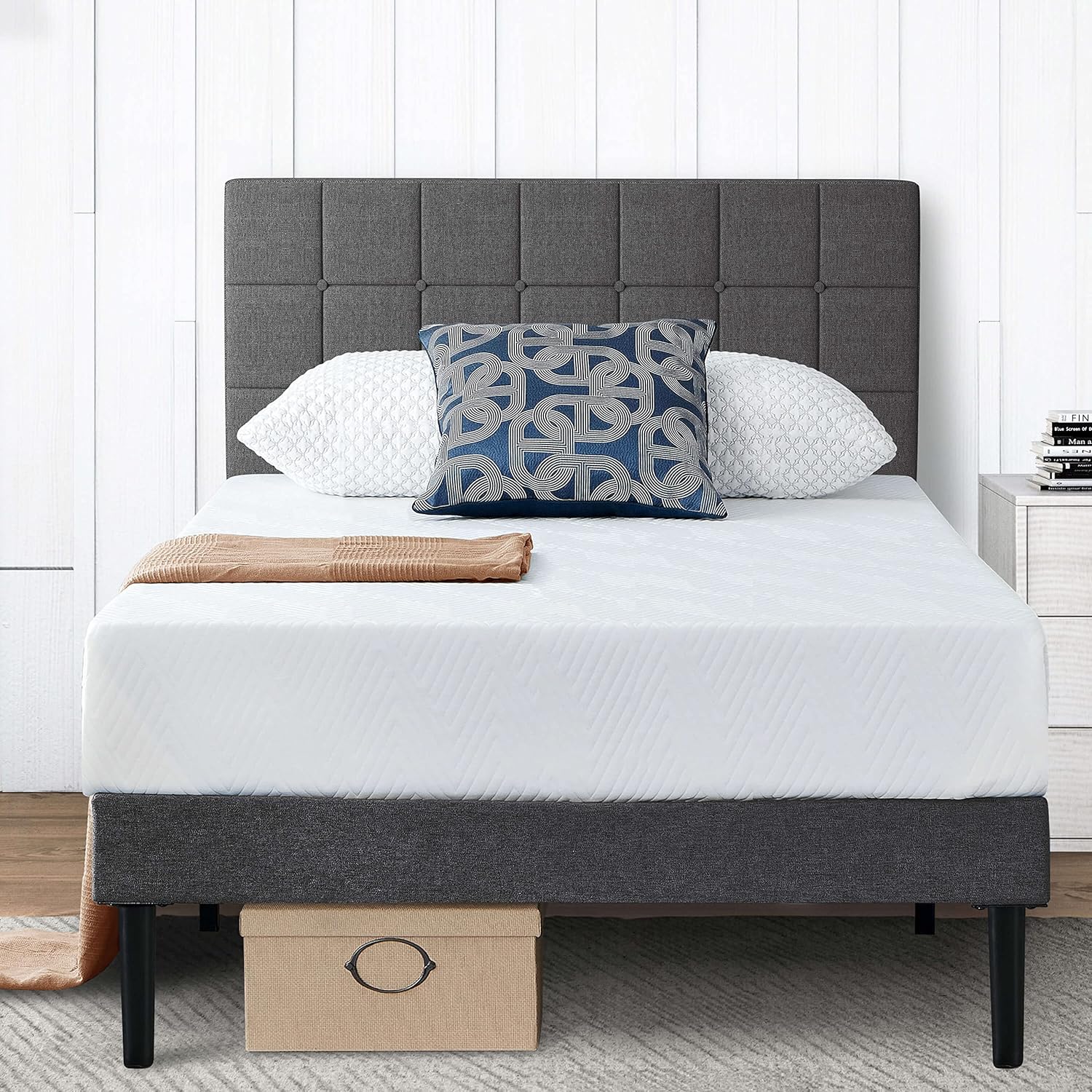 Buy S SECRETLAND Twin Bed with Upholstered Headboard, Platform Bed