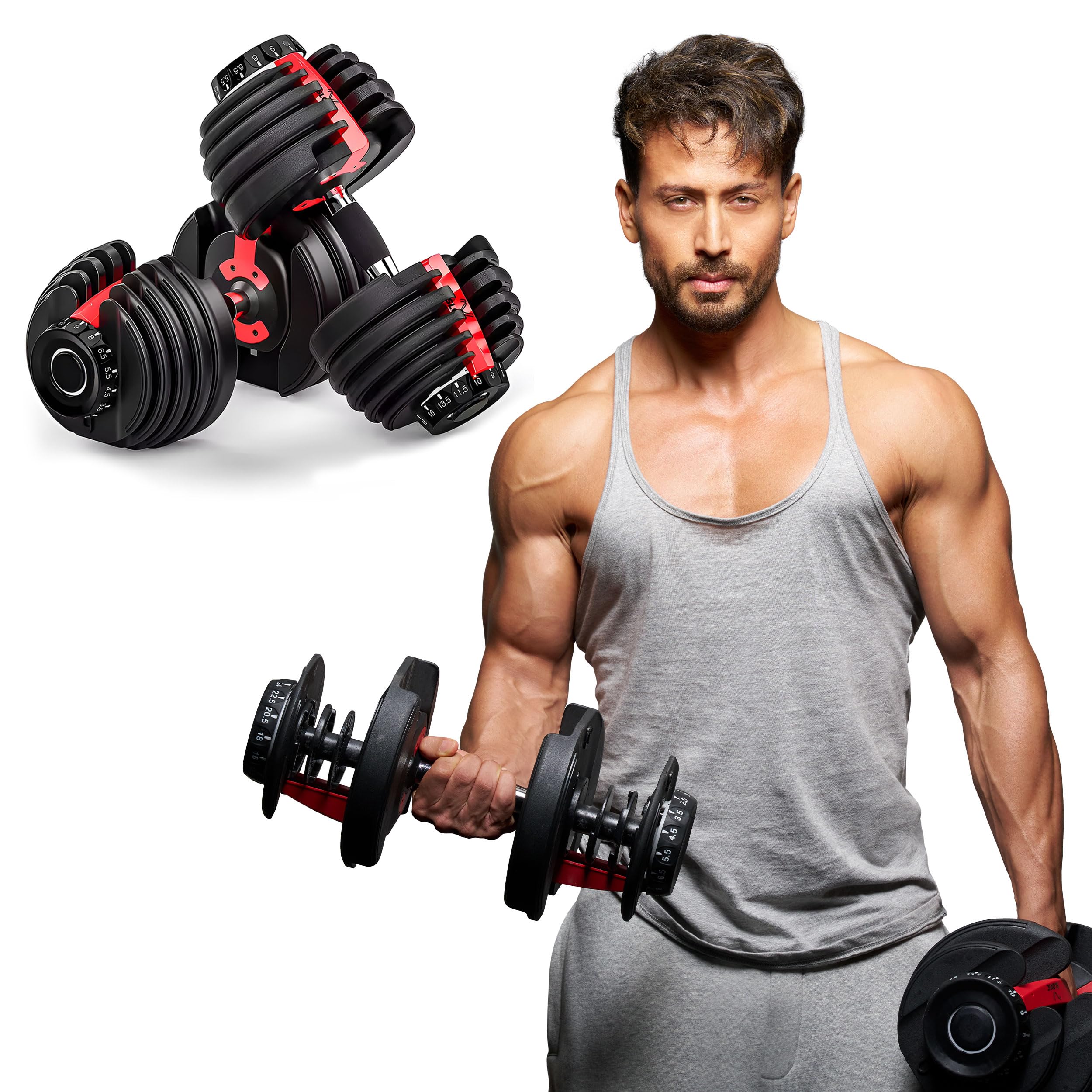 SLOVIC Adjustable Dumbbell 24kg pair | Dumbbells - Gym equipment for home workout| Dumbbell Set (24kg X 2)| Fitness Gym Dumbbells for Bench Press, Shoulder, Biceps| Anti Skid dumbles for all exercises