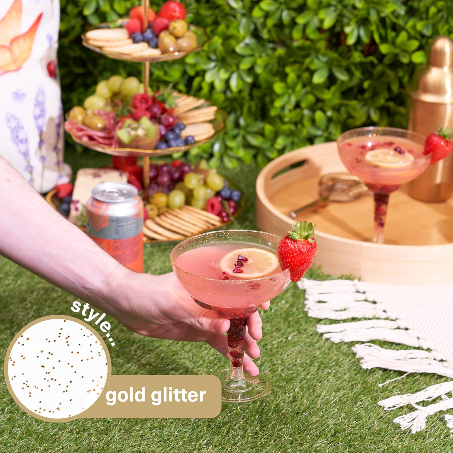 MATANA 48 Plastic Margarita Glasses Disposable Cups or Reusable (Gold Glitter) 12 oz Margarita Cups for Parties, Wedding, Birthday, Cocktail & Martini