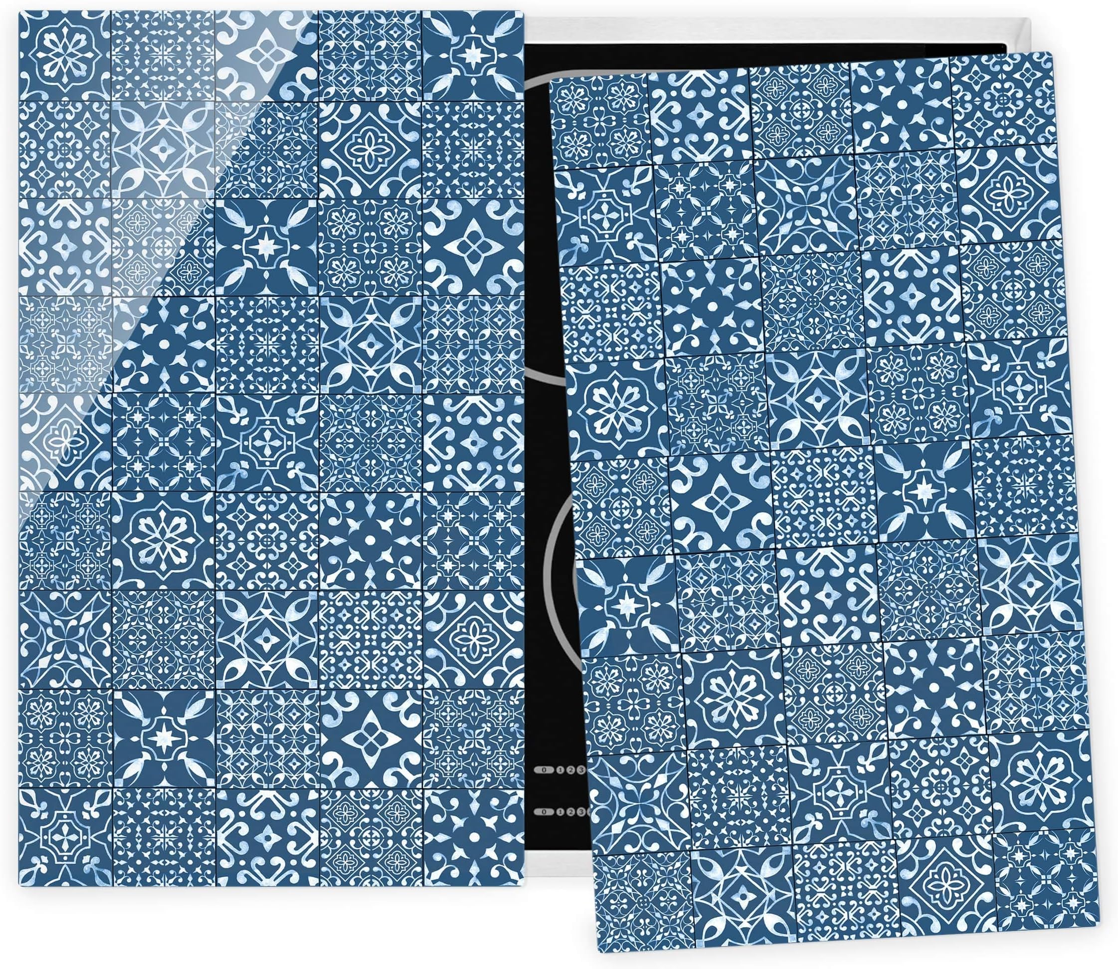 Bilderwelten Tempered glass hob cover stove protection Pattern Tiles Navy White 52x60 cm