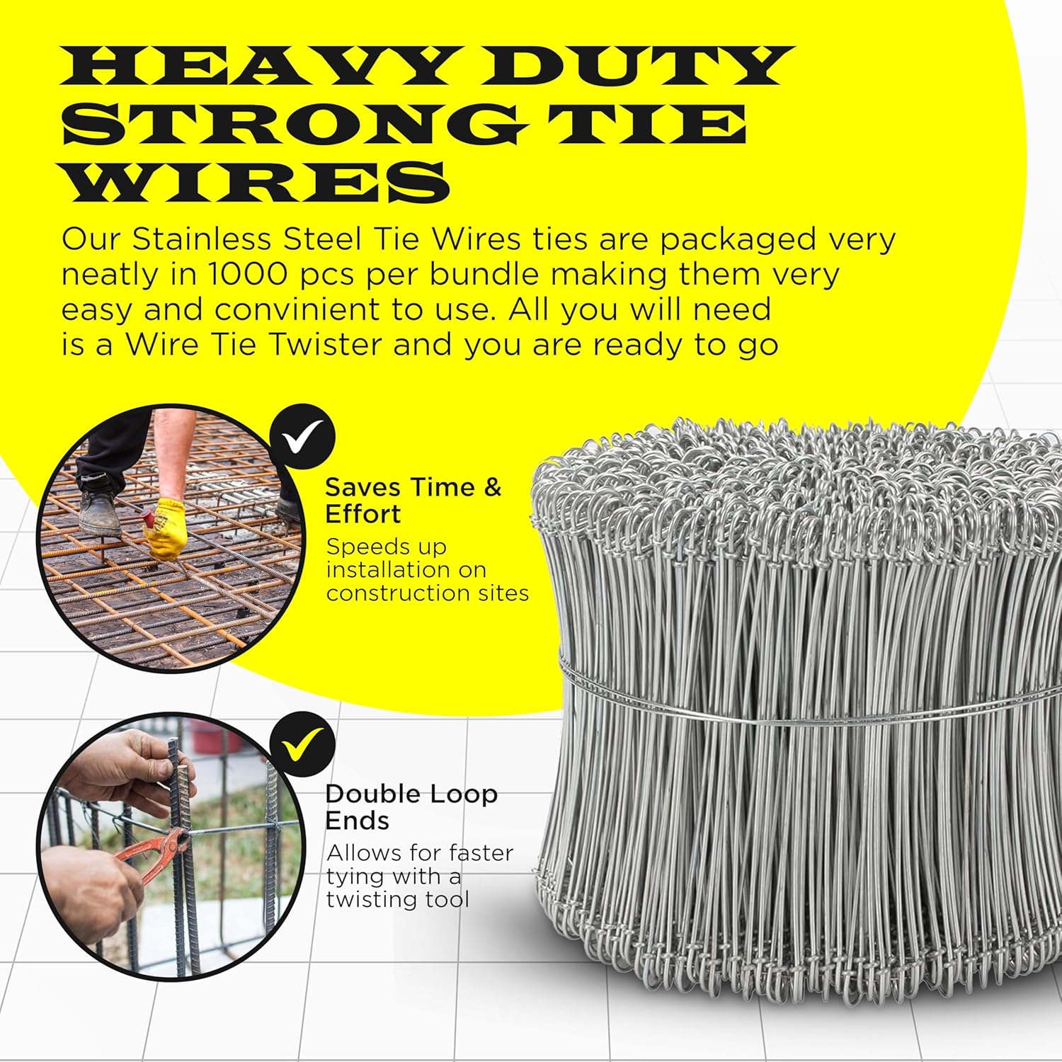 8 Inch - 17 Gauge 1000 pcs STAINLESS STEEL Steel Double Loop Rebar Wire Bar Ties | Excellent Strength | Durable | SIMBA STEEL | Stainless 8in. 1000