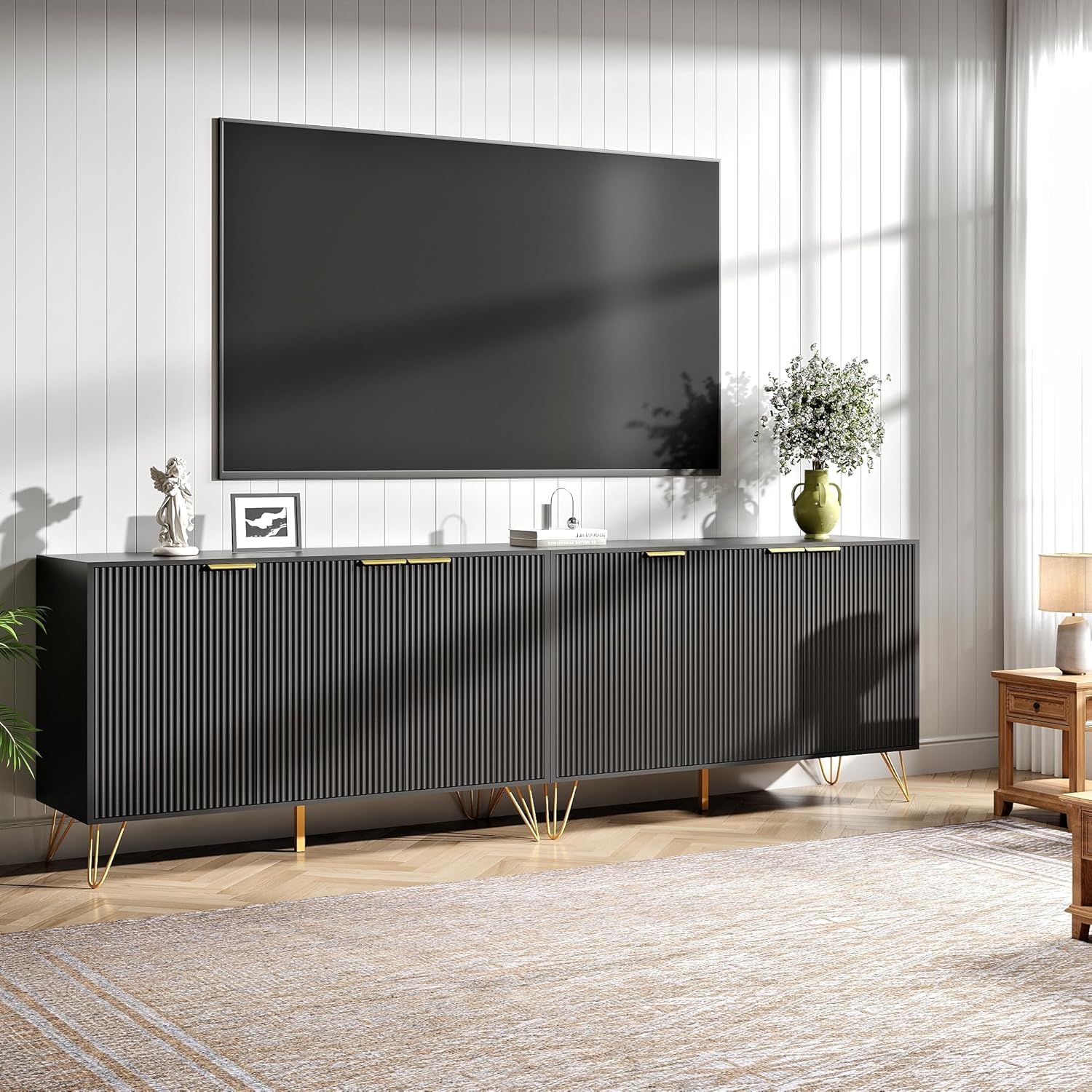 Fluted TV Stand for 100 Inch TV,Black TV Stands for Living Room,Modern Entertainment Center with Storage Cabinets,Adjustable Shelves & Gold Handles,Wood Media Console for Living Room