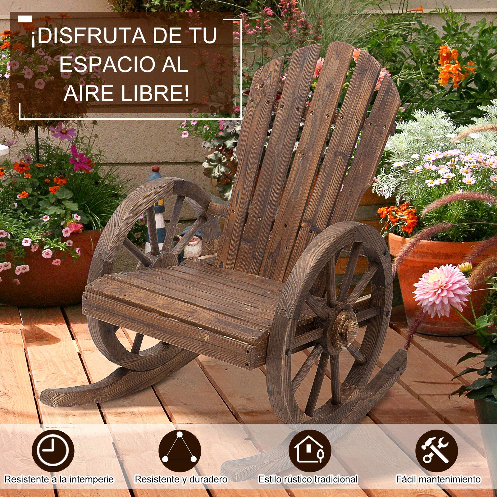 Outsunny Mecedora Rústica de Madera Maciza para Exteriores Sillón Balancín de Terraza o Jardín 88x68x92 cm Color Madera Envejecida